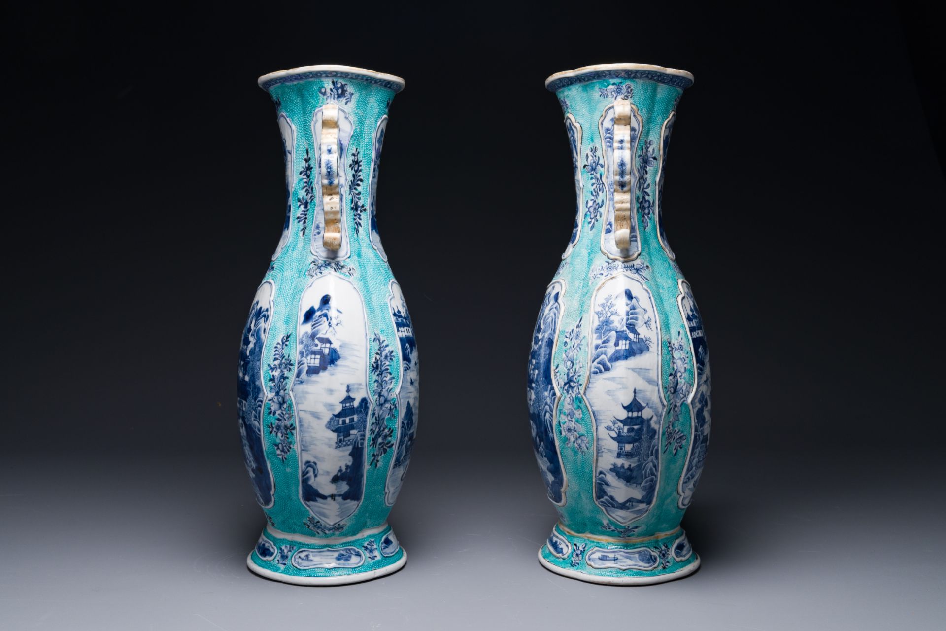 A pair of Chinese turquoise-ground blue and white vases depicting the Whampoa Pagoda and the Pearl R - Image 4 of 6