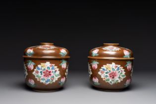 A pair of Chinese capucin-brown-ground famille rose covered bowls with floral design, Yongzheng/Qian