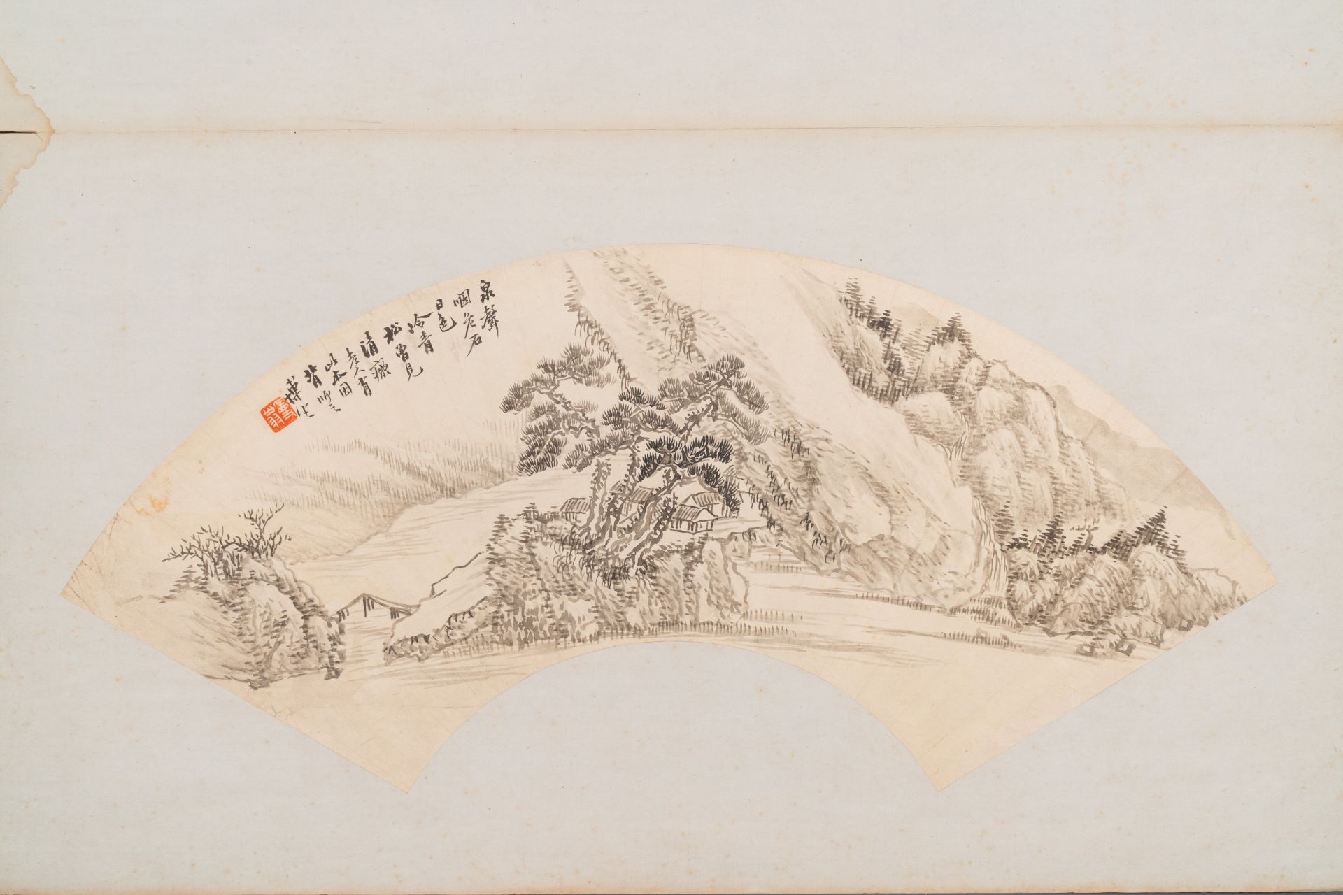 Chinese school: Four fan-shaped paintings, ink and colour on paper, signed Bosheng åšç”Ÿ, 19/20th C - Image 5 of 7