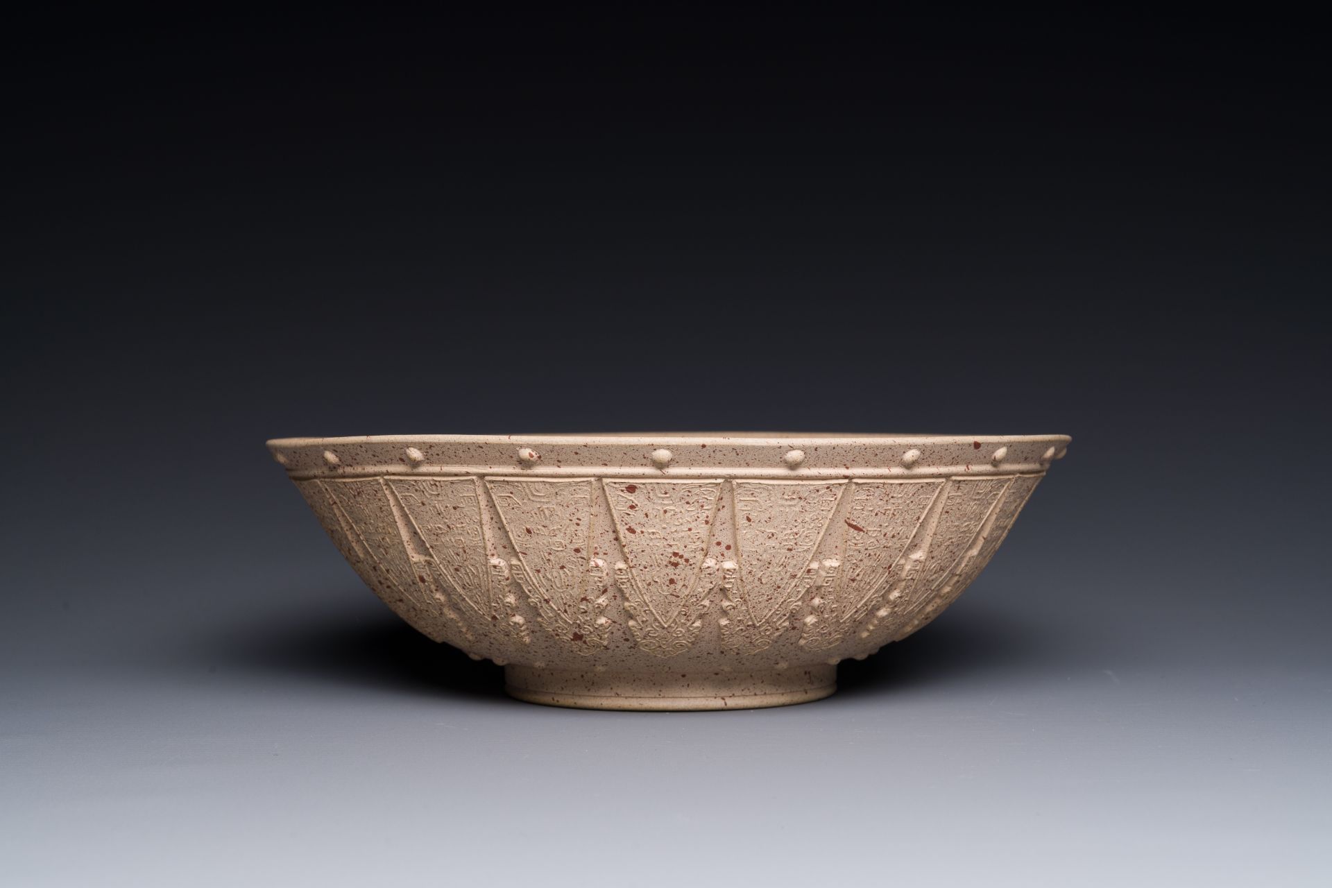 A large Chinese Yixing stoneware bowl with relief design, Qianlong mark, 18/19th C. - Image 2 of 4