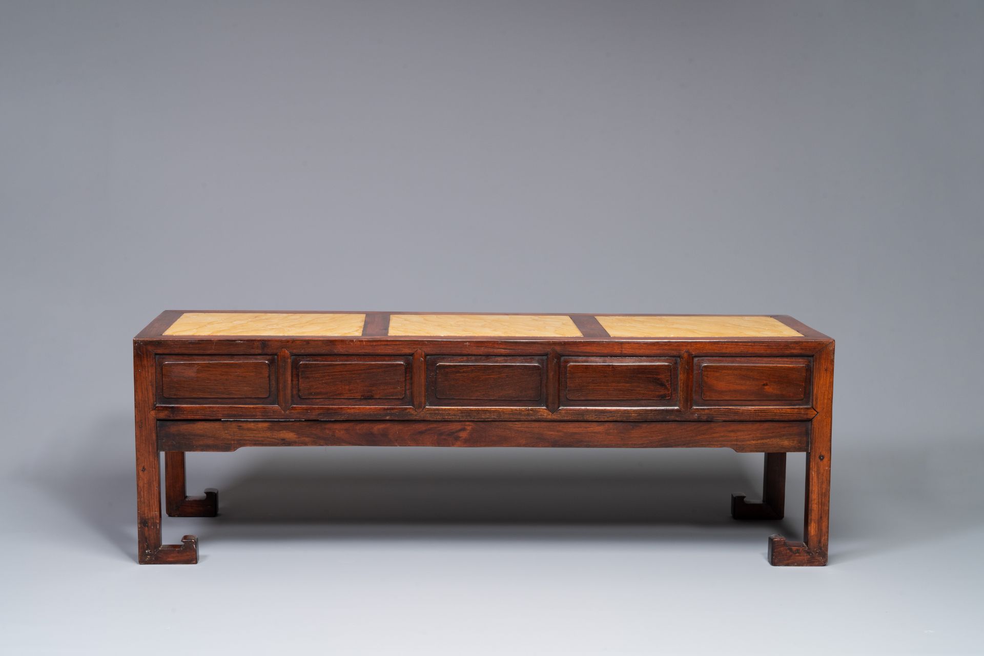 A Chinese carved wooden stand and a low table with marble tops, 19th C. - Image 5 of 10