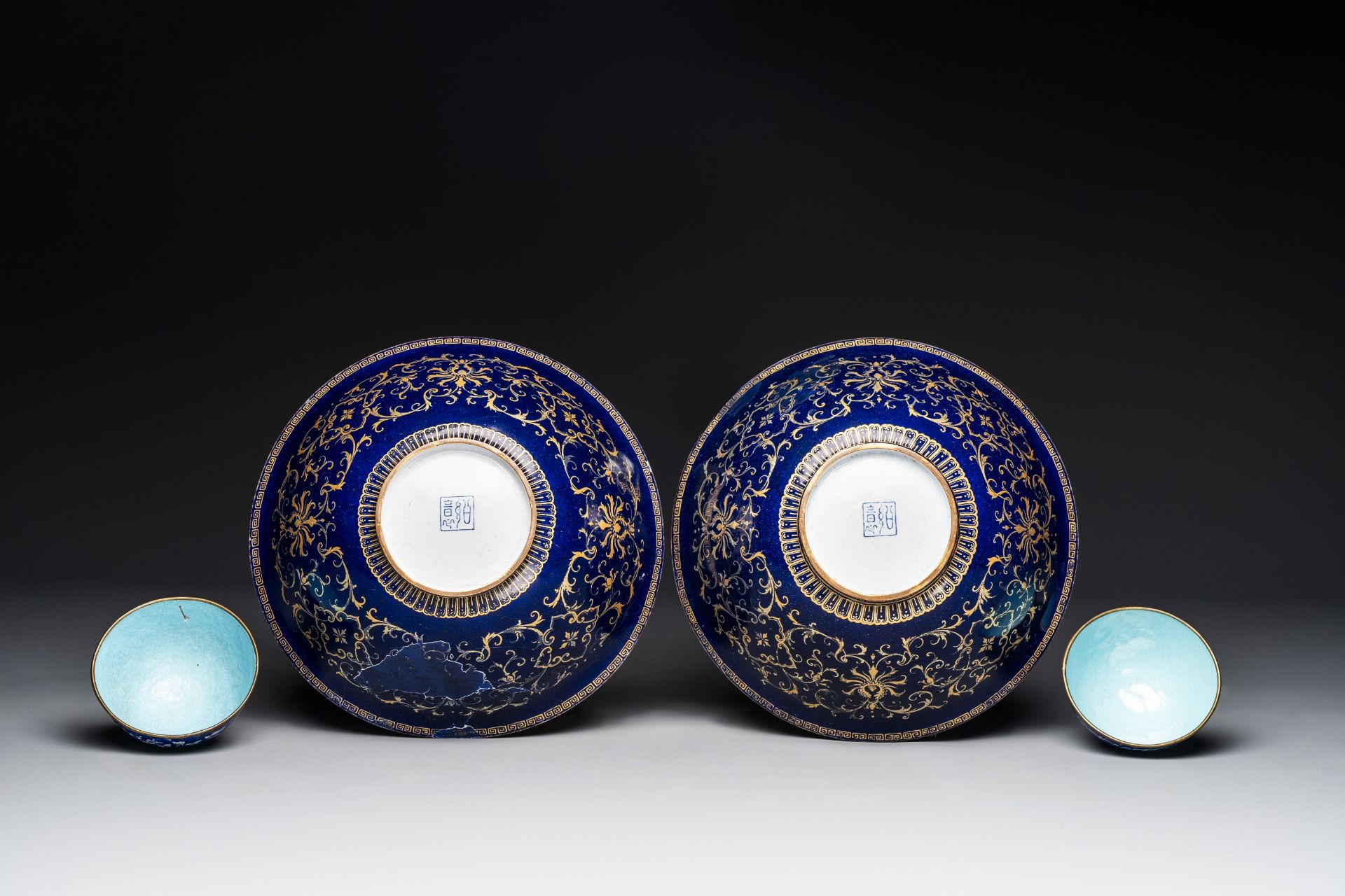 A pair of Chinese Canton enamel bowls and a pair of 'double-happiness' cups, Ruyi å¦‚æ„ mark, Qianl - Image 4 of 4