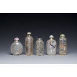 Five Chinese inside-painted glass snuff bottles, 20th C.