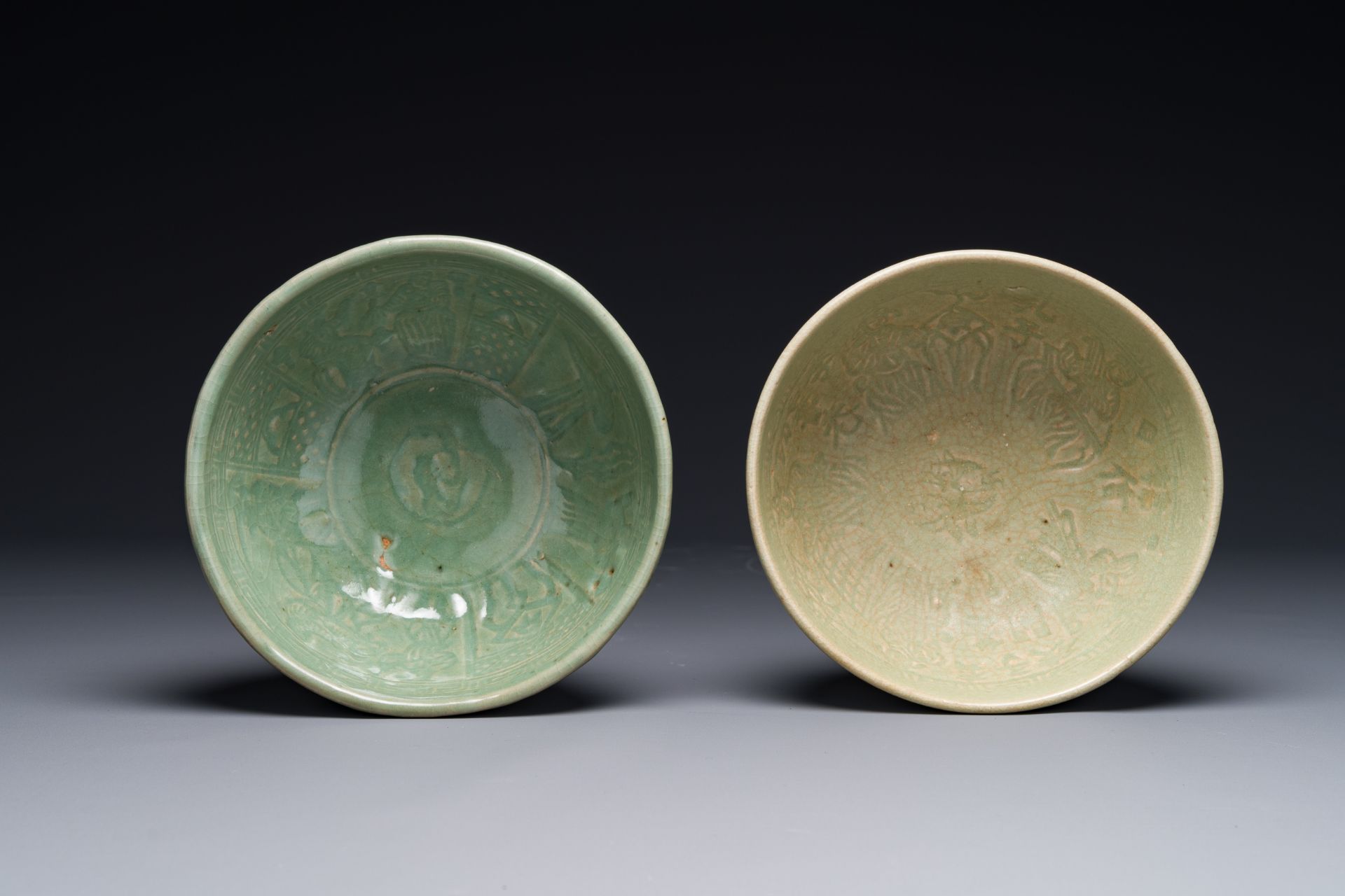 Two rare Chinese Longquan celadon bowls with figural design, Yuan - Image 2 of 3