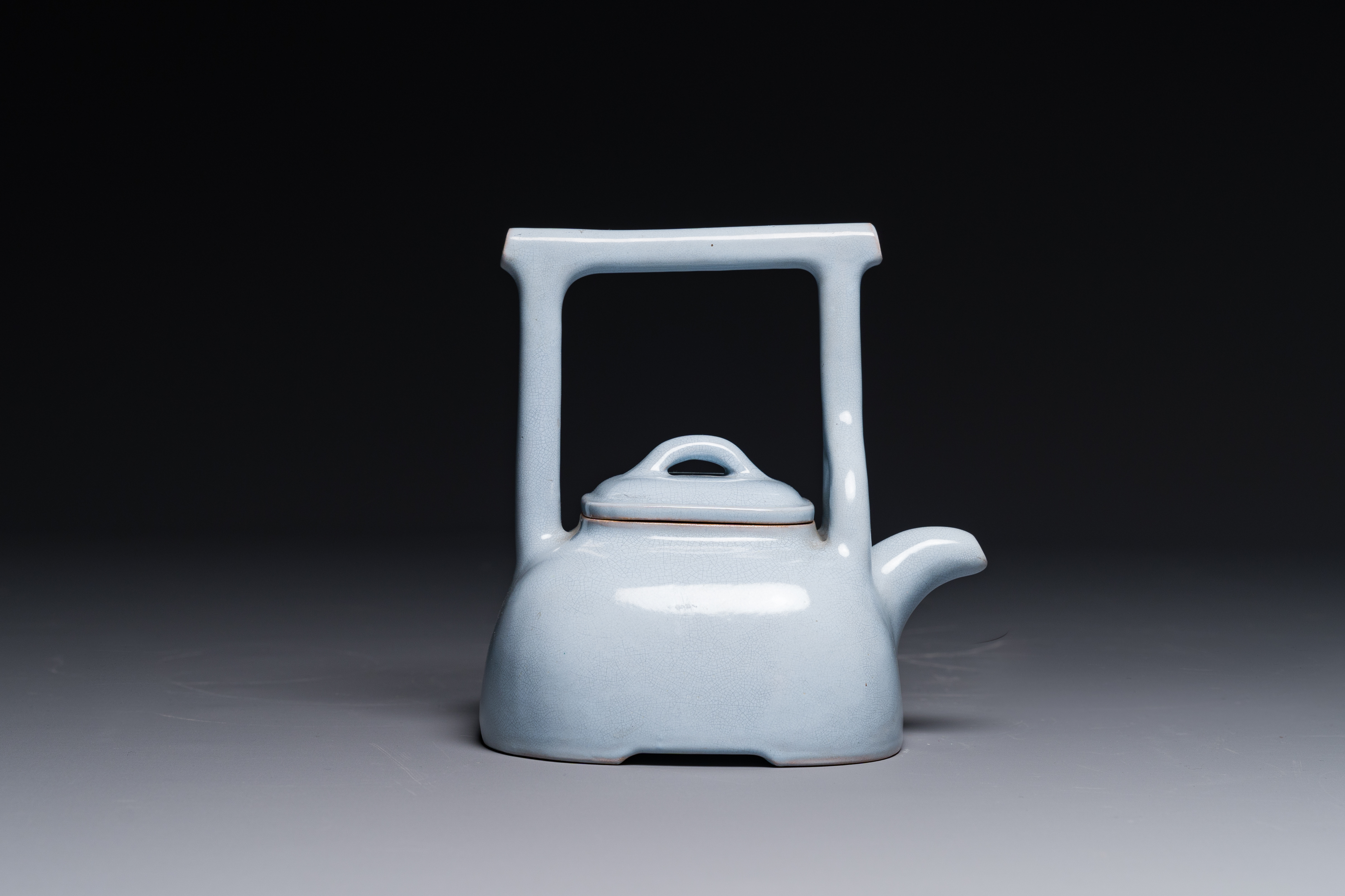 A Chinese monochrome clair-de-lune-glazed Yixing stoneware teapot and cover, Yixing seal mark, Repub - Image 3 of 6