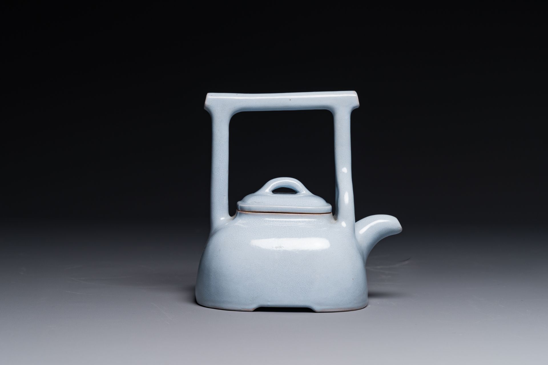 A Chinese monochrome clair-de-lune-glazed Yixing stoneware teapot and cover, Yixing seal mark, Repub - Bild 3 aus 6