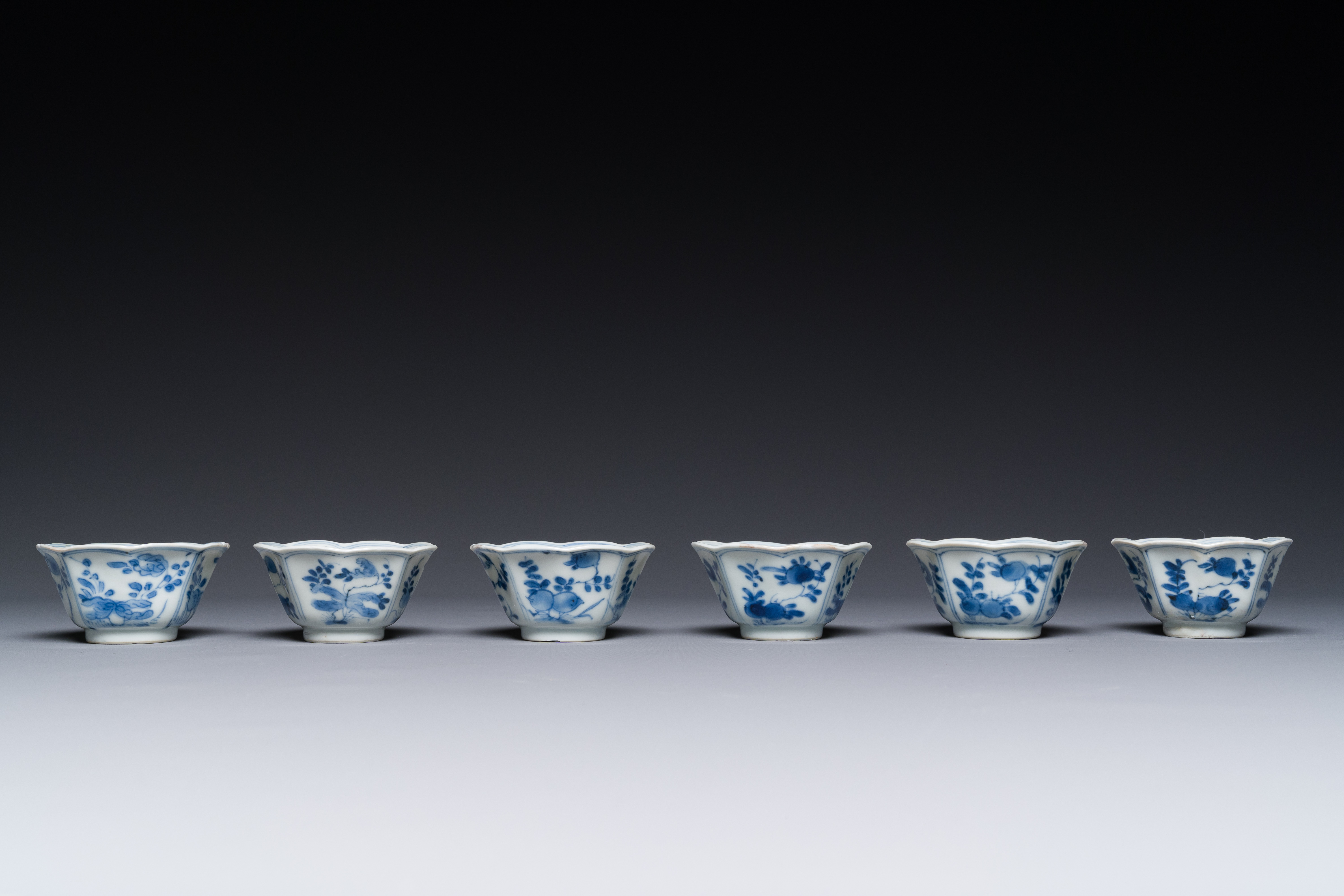 Six Chinese blue and white flower-shaped 'sanduo' cups and saucers, lingzhi mark, Kangxi - Image 2 of 5