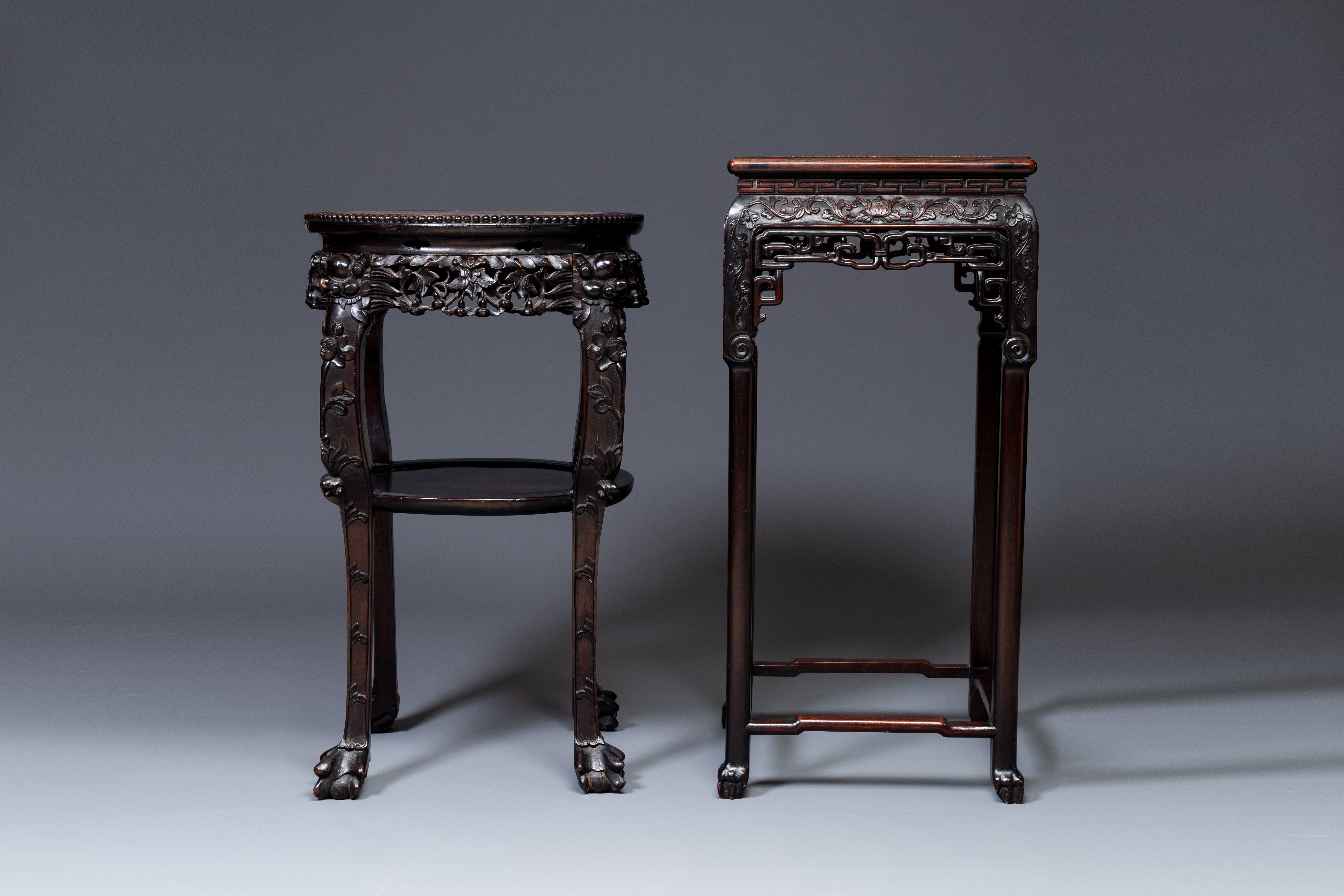 Two Chinese carved wooden stands with marble tops, 19th C. - Image 3 of 5