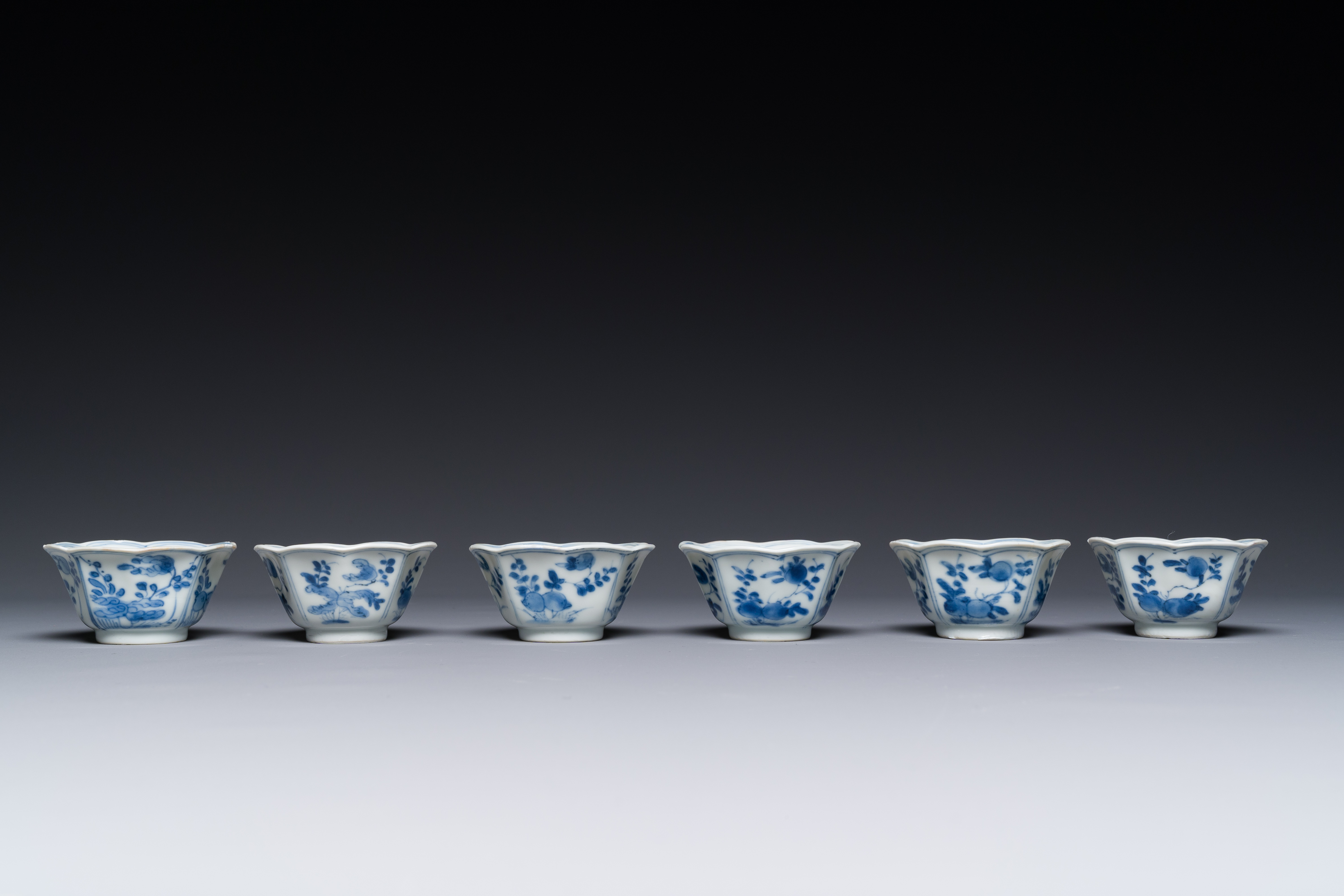 Six Chinese blue and white flower-shaped 'sanduo' cups and saucers, lingzhi mark, Kangxi - Image 3 of 5