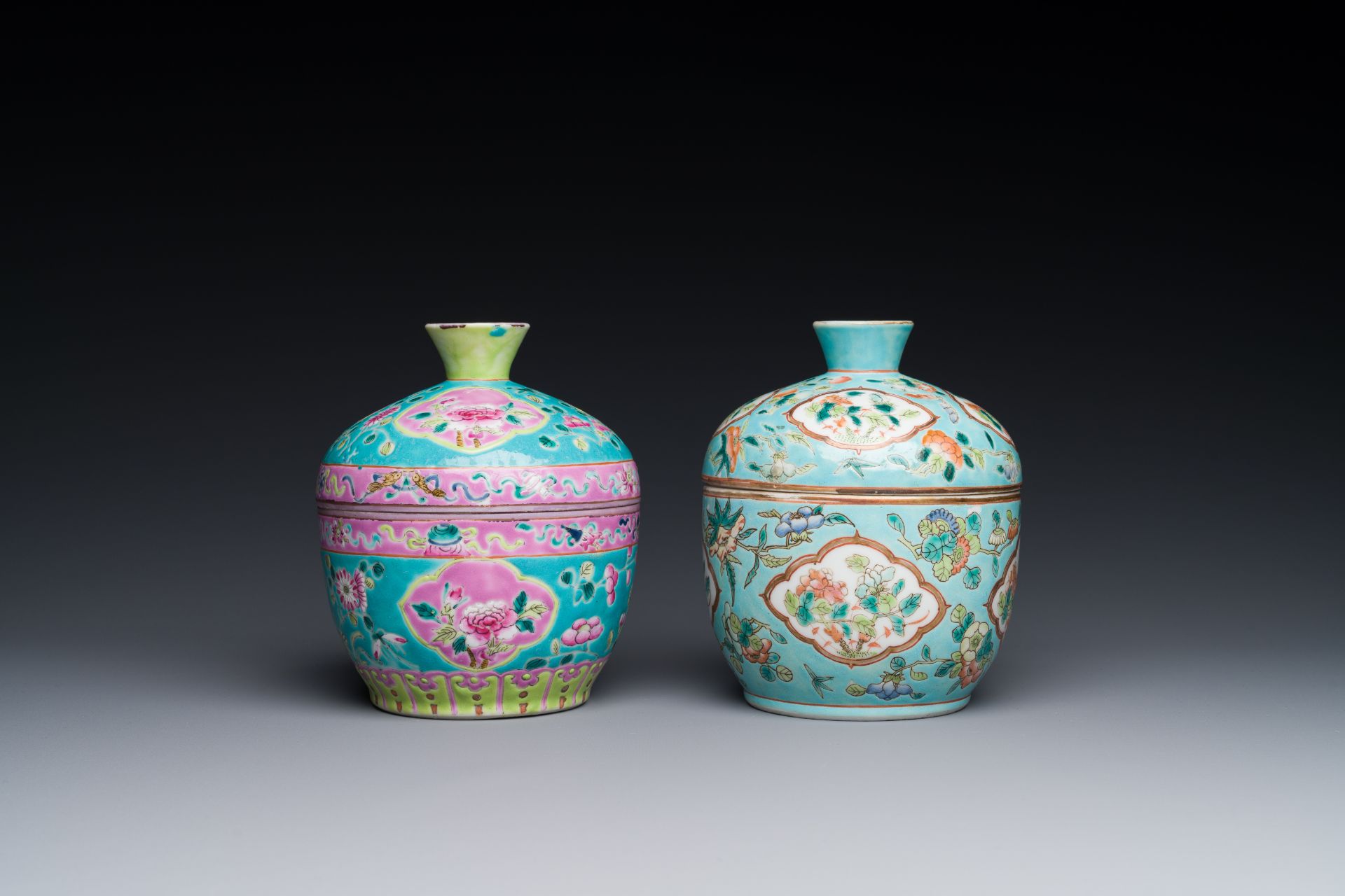 Two Chinese famille rose 'chupu' bowls and covers for the Straits or Peranakan market, Guangxu mark