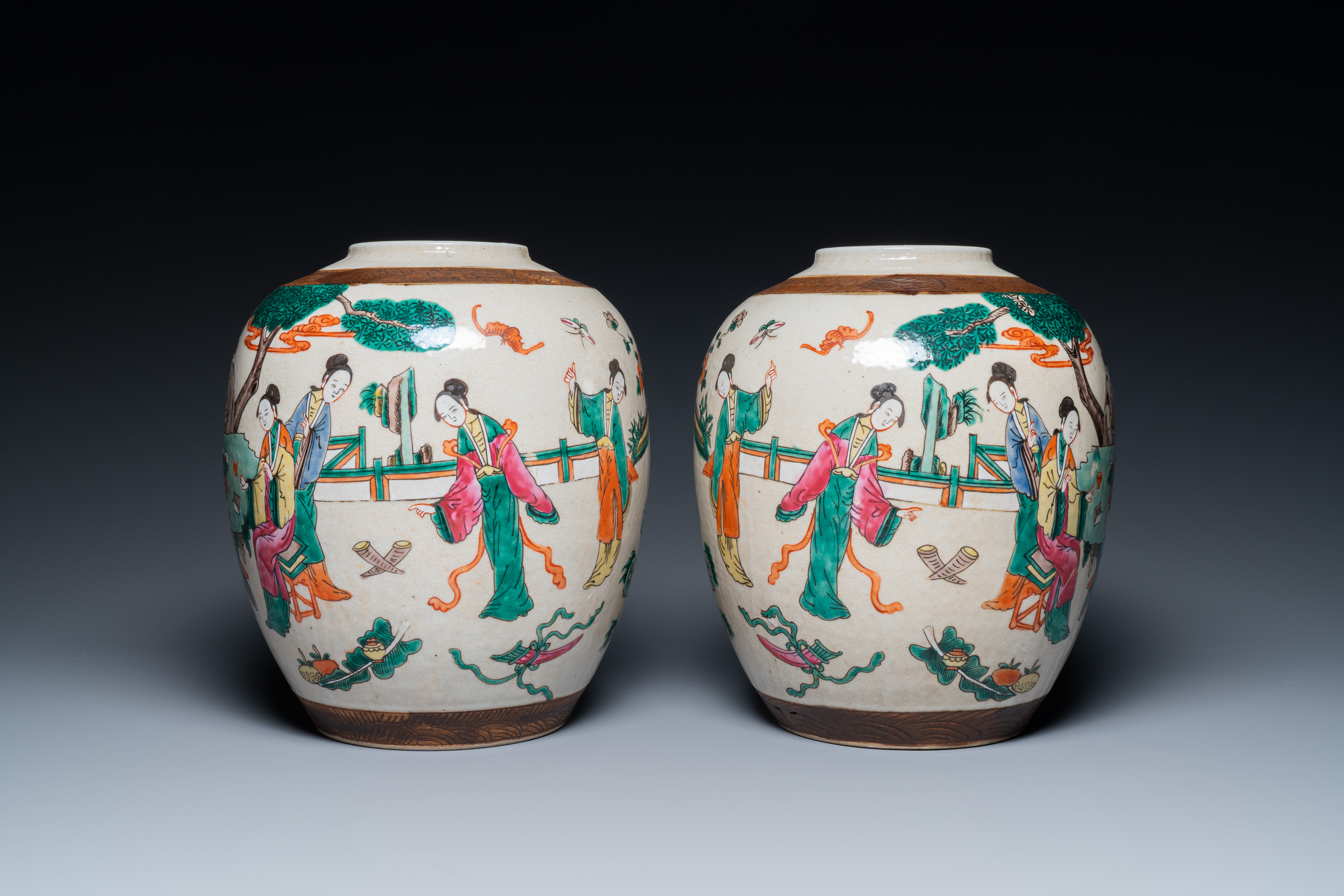 A pair of Chinese Nanking crackle-glazed famille rose jars and a dish, Chenghua mark, 19th C - Image 5 of 9