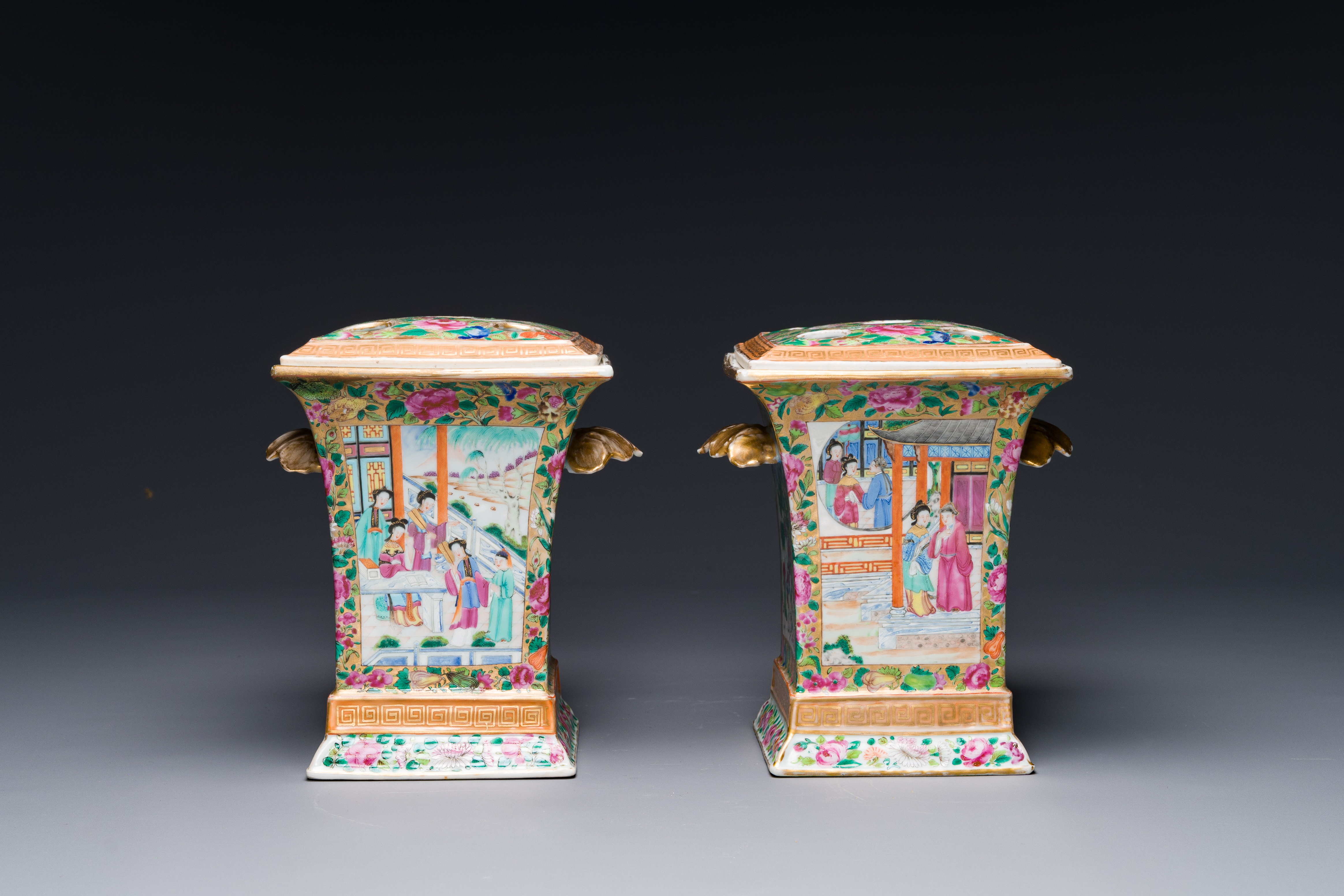 A pair of Chinese Canton famille rose bough pots and covers, 19th C. - Image 2 of 7