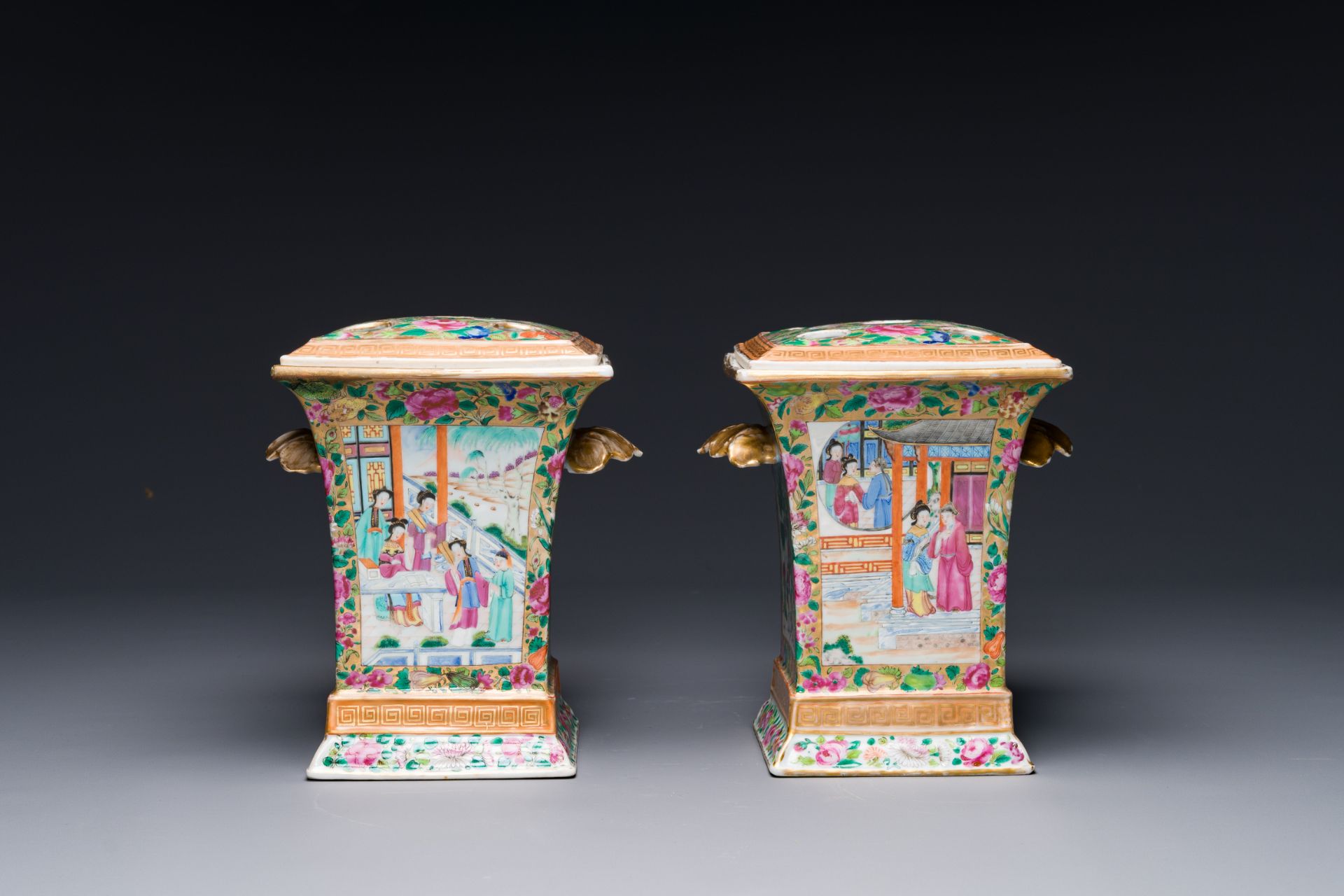 A pair of Chinese Canton famille rose bough pots and covers, 19th C. - Image 2 of 7