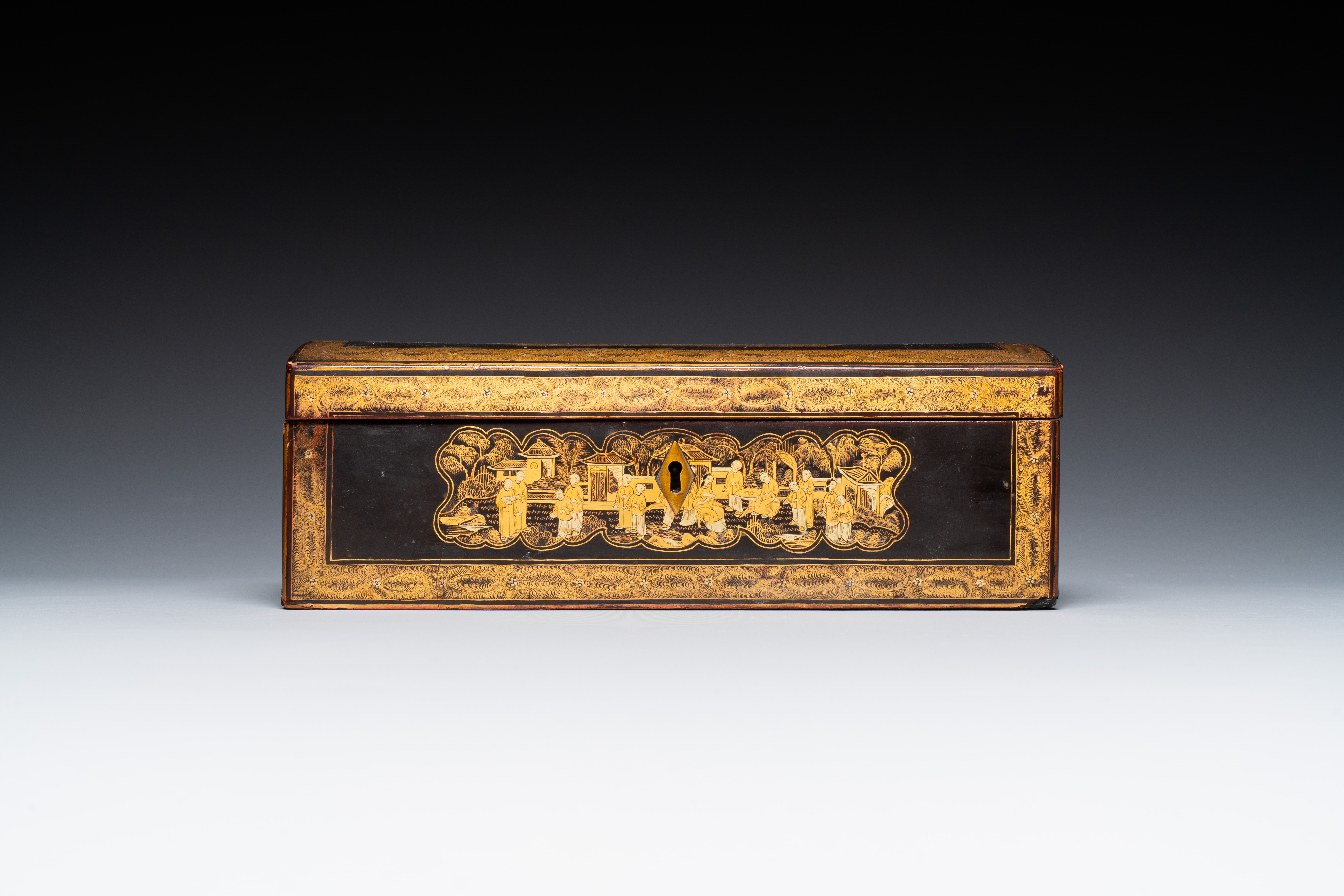 A large Chinese Canton gilt black lacquer tray, thee boxes and a fan, 19th C. - Image 10 of 17