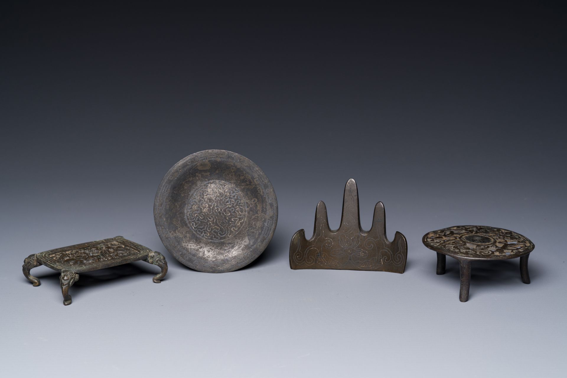 A group of four Chinese bronze scholarâ€™s desk objects, Shi Sou çŸ³åŸ mark, Ming/Qing