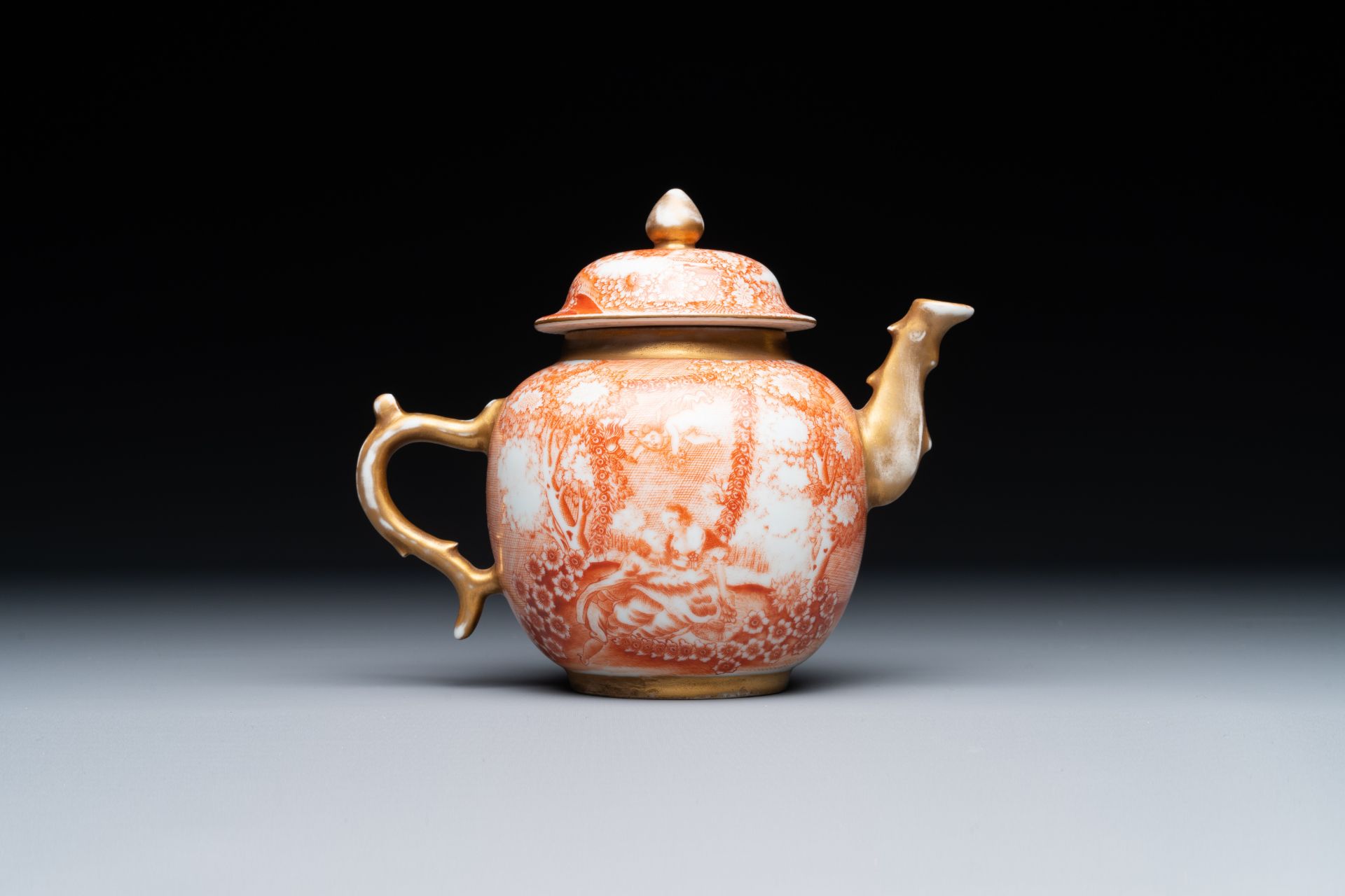 A rare Chinese iron-red-decorated and gilded 'European scene' teapot and cover, Qianlong - Image 3 of 6