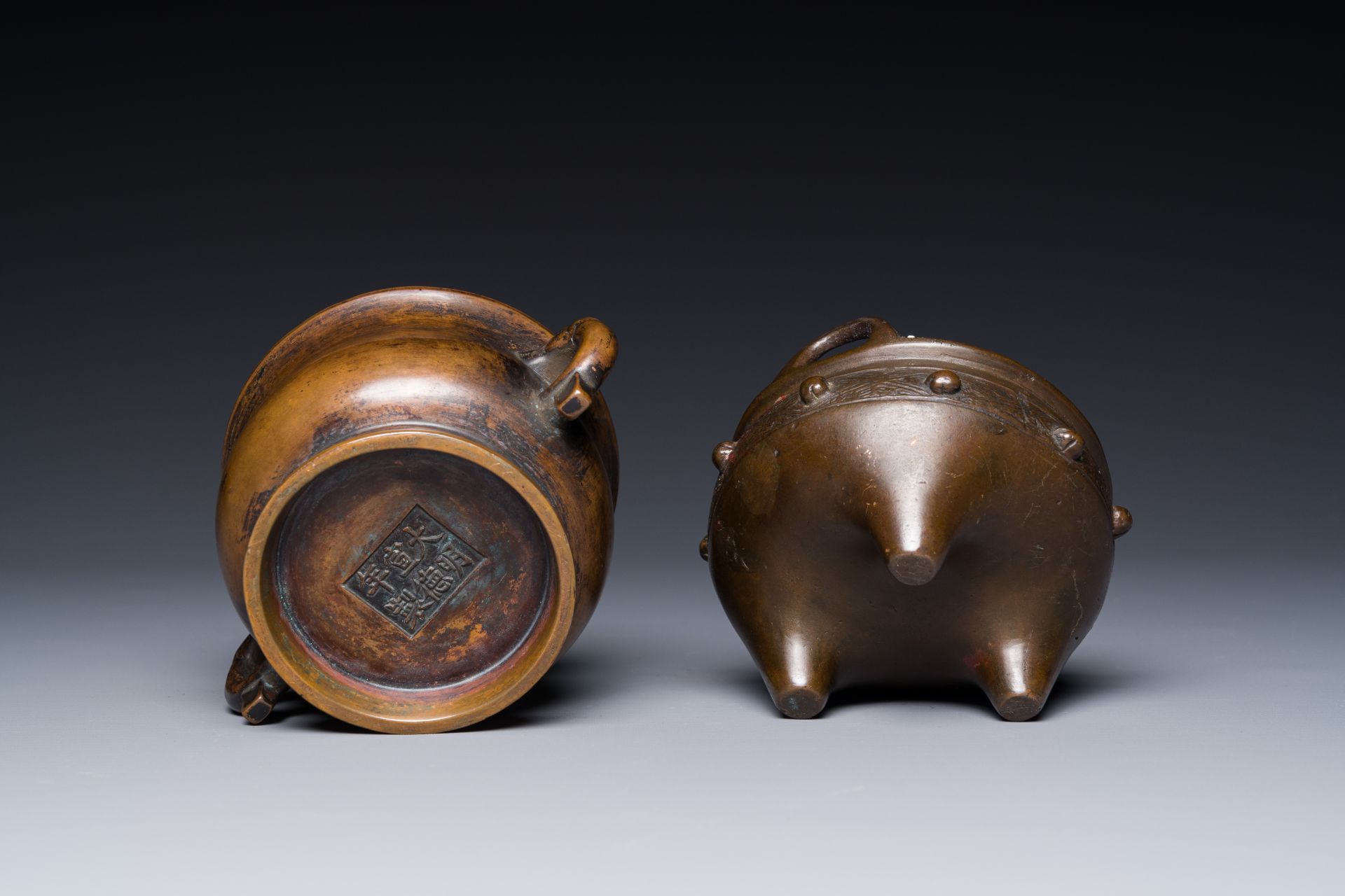 Two Chinese bronze censers, Xuande mark, Yuan/Ming - Image 7 of 7