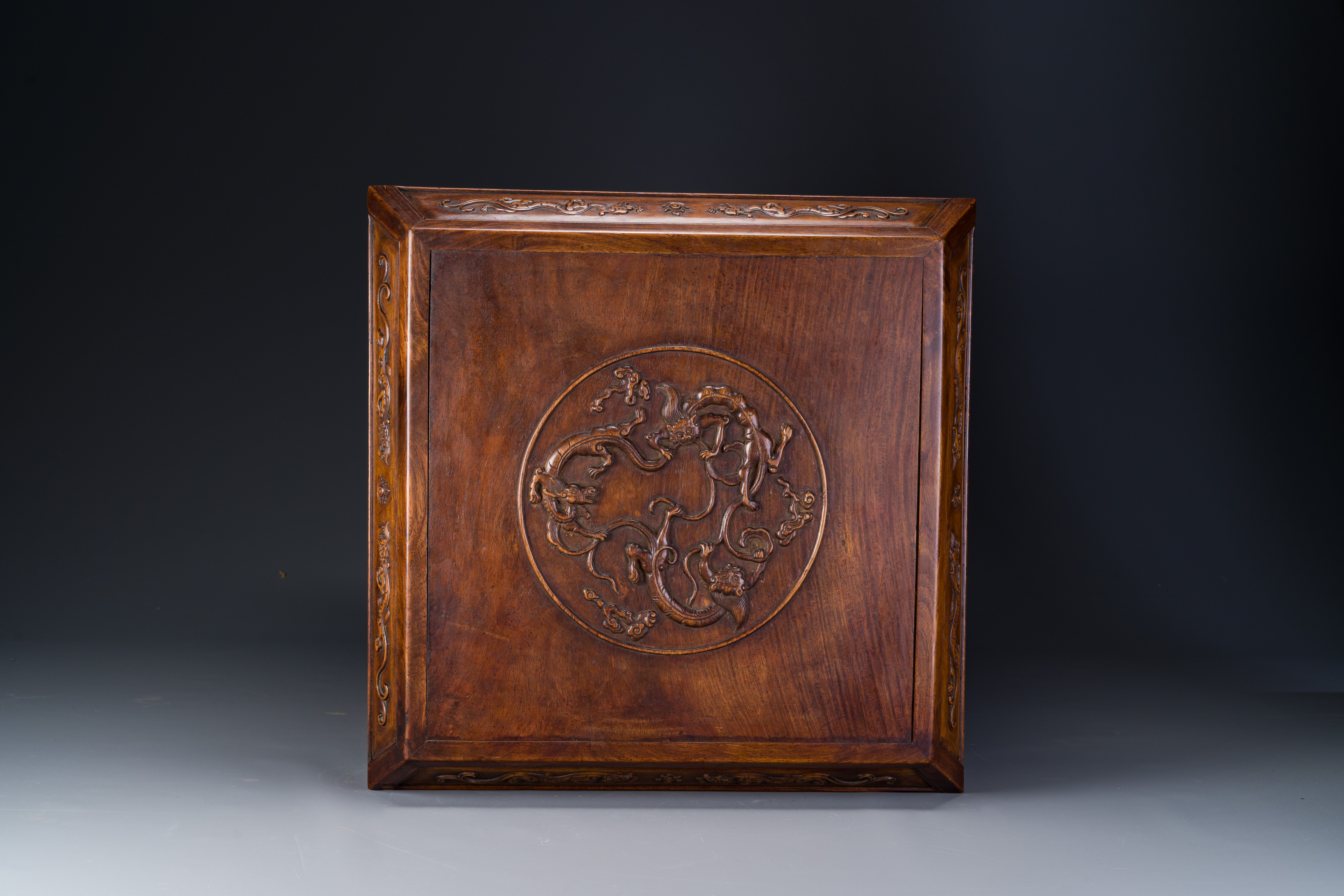 A rare Chinese huanghuali wood 'duo bao ge' cabinet of curiosities with chilong design, 18/19th C. - Image 11 of 14