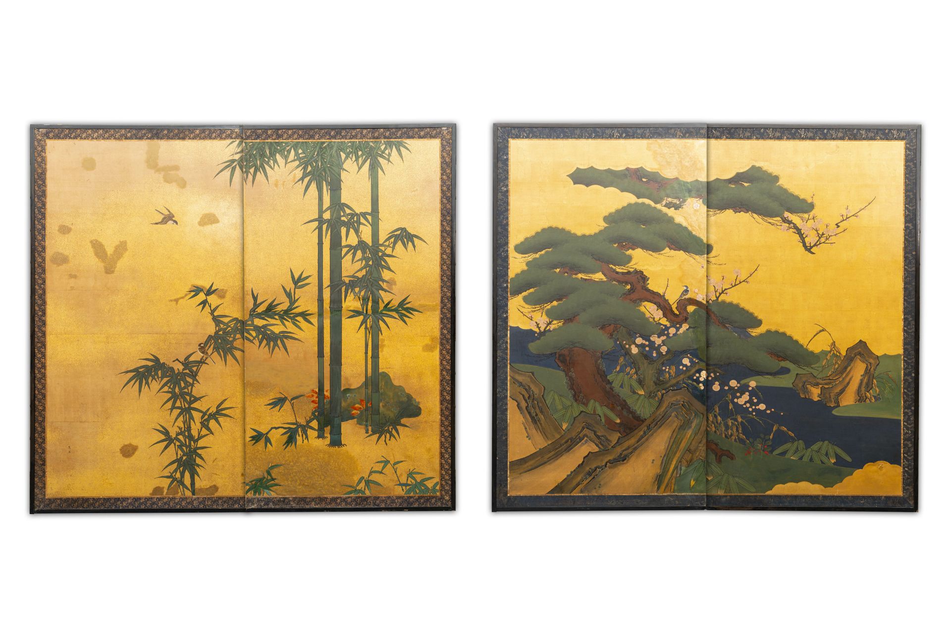 Two Japanese two-fold 'byobu' screens, Meiji, 19th C.
