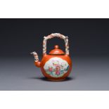 A Chinese famille rose coral-red-ground teapot with 'faux marbre' spout and handle, Jiaqing