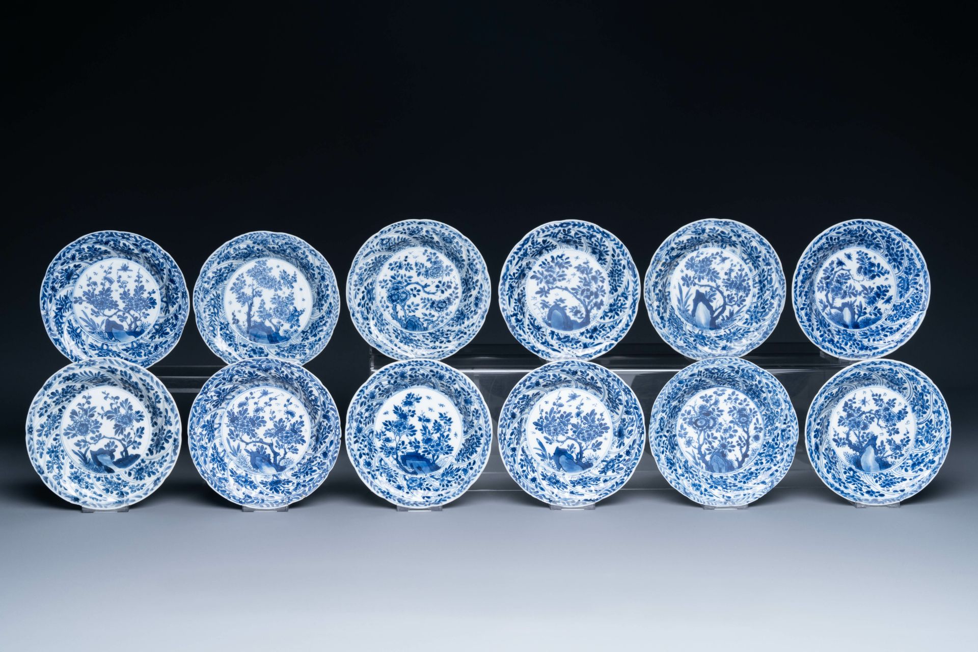 Twelve Chinese blue and white cups and saucers with floral design, jade mark, Kangxi - Image 2 of 7