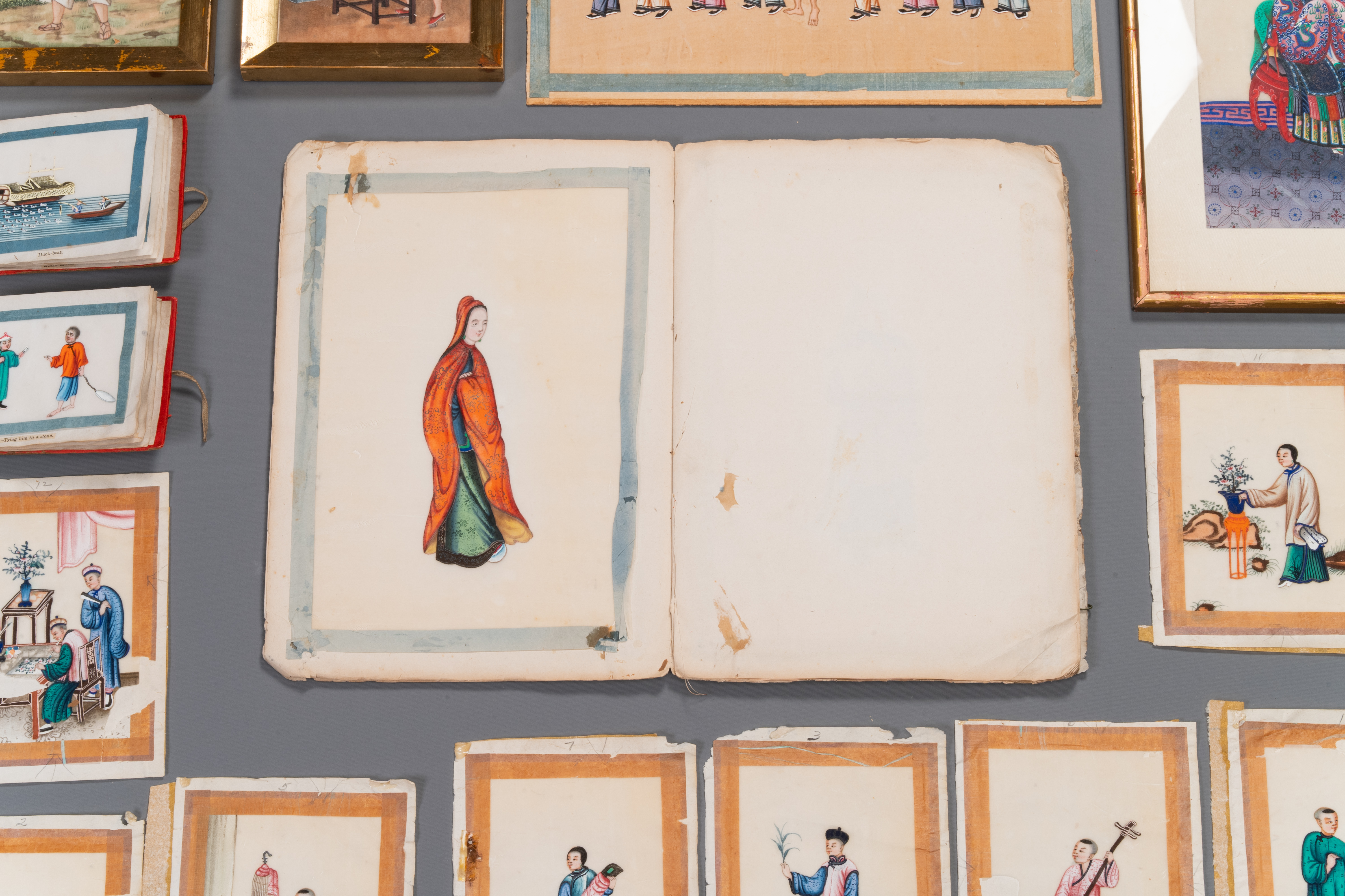 A varied collection of Chinese rice paper paintings with figures, Canton, 19th C. - Image 5 of 13