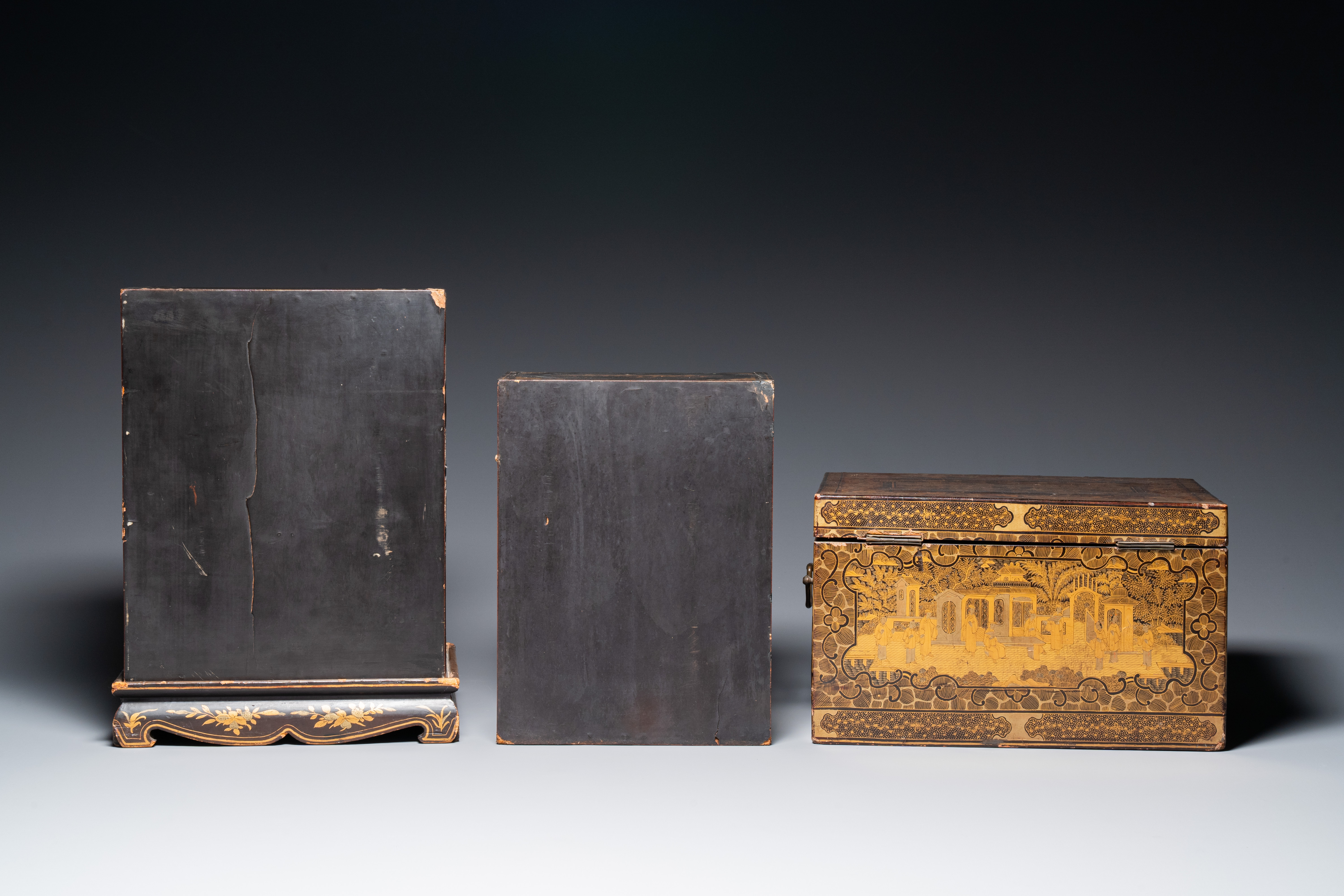 Two Chinese Canton gilt black lacquer miniature cabinets and a box, 19th C. - Image 4 of 10