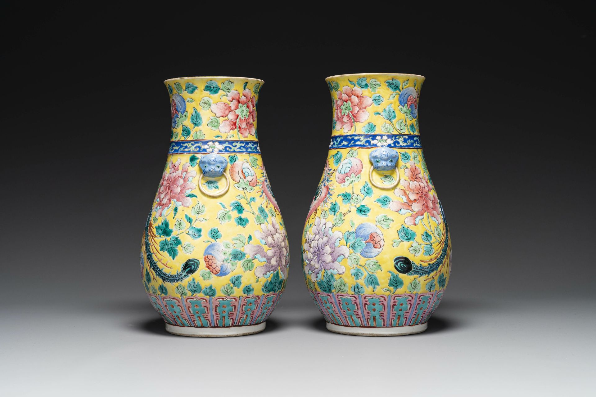 A pair of Chinese famille rose yellow-ground 'hu' vases for the Straits or Peranakan market, 19th C. - Image 2 of 6