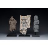 A Gandhara grey schist sculpture of the Bodhisattva Maitreya, a fragment of a seated Buddha and a sc