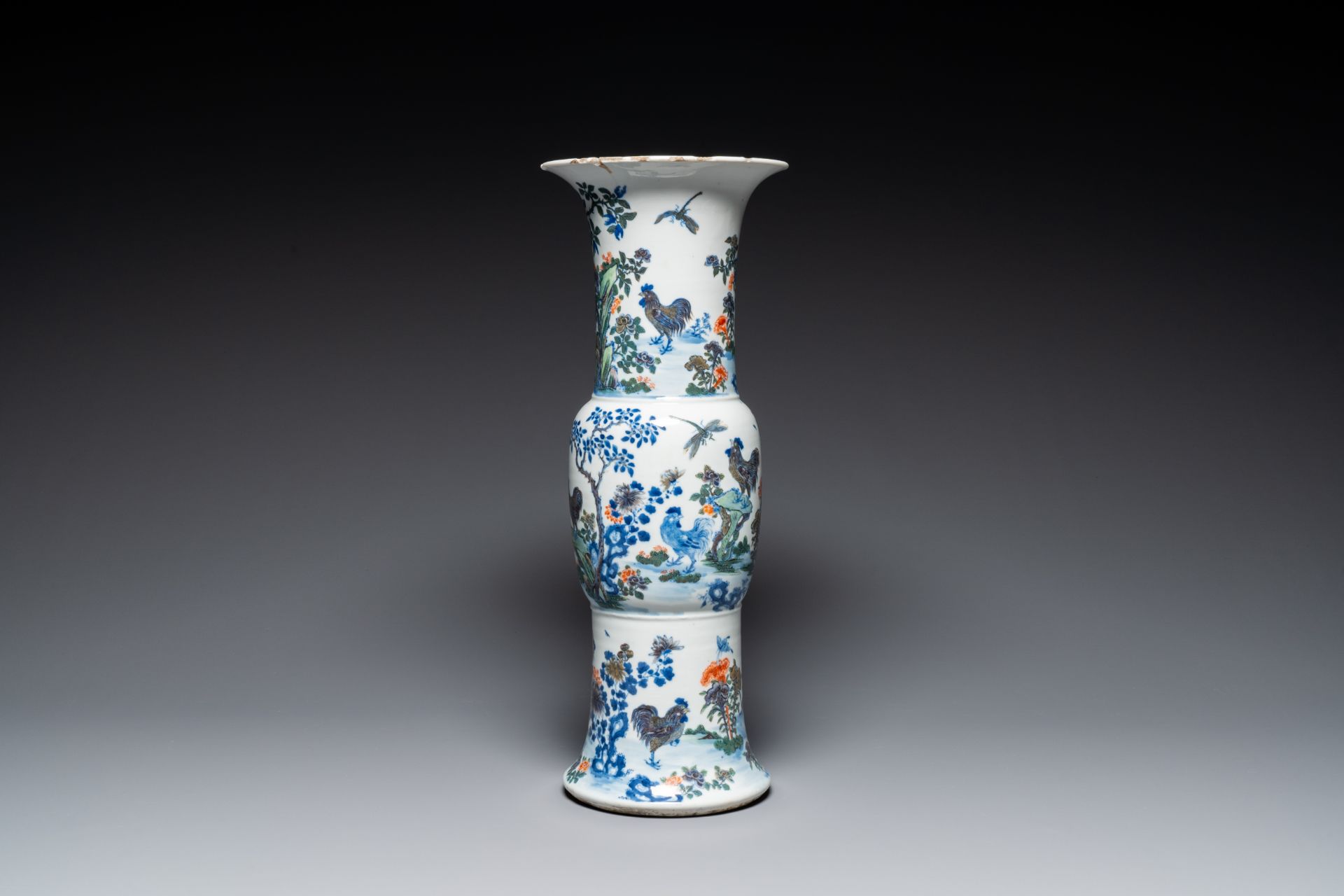 A Chinese doucai 'gu' vase with roosters, Qianlong mark, 19th C