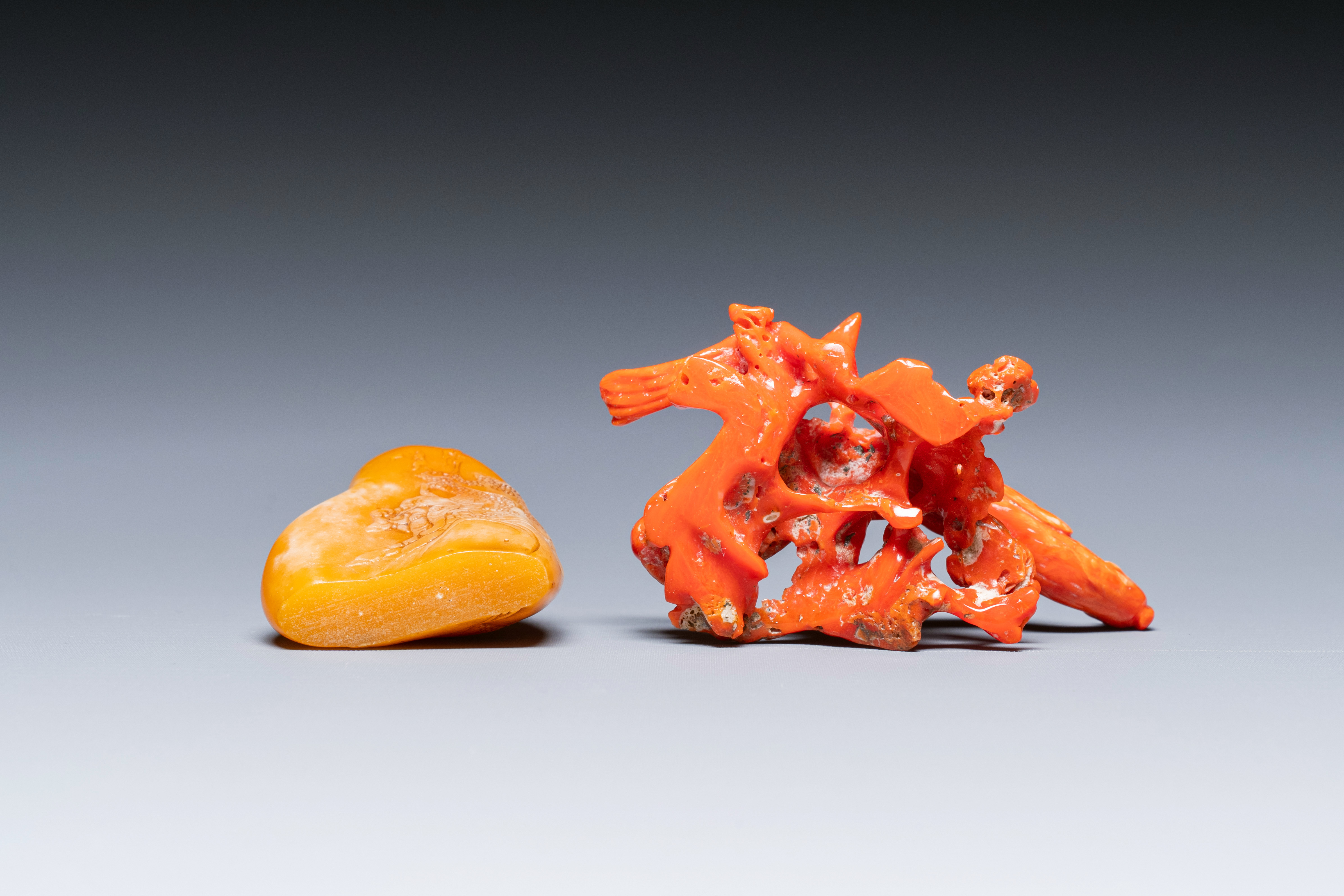 A red coral carving of birds, a yellow stone carving of a landscape and an incense holder, China, 19 - Image 6 of 7