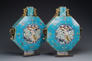 A pair of large Chinese octagonal cloisonne moonflasks, 'bianhu', Qianlong/Jiaqing