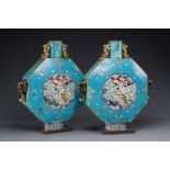 A pair of large Chinese octagonal cloisonne moonflasks, 'bianhu', Qianlong/Jiaqing