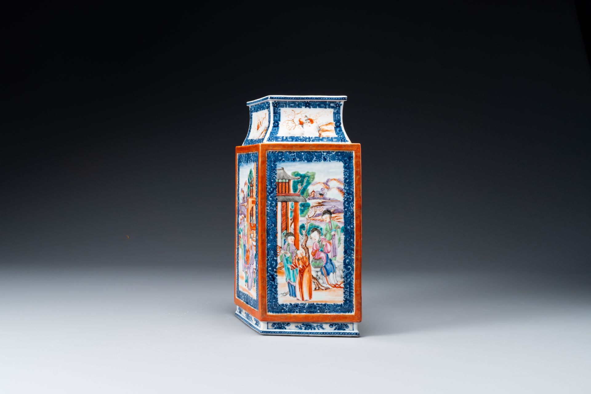 A Chinese Canton famille rose lozenge-shaped 'Mandarin subject' vase, Qianlong - Image 6 of 9