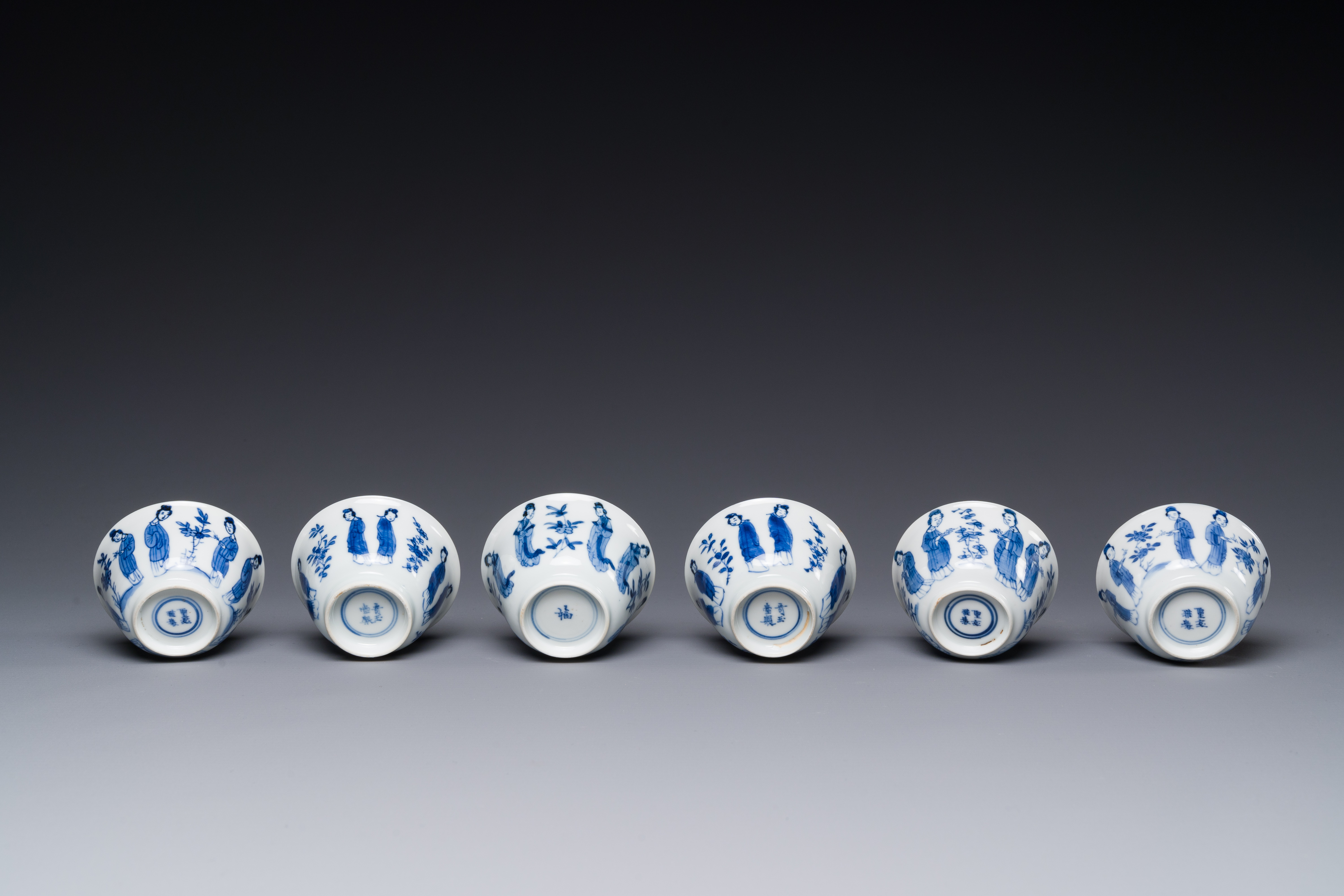 Six Chinese blue and white 'Long Eliza' cups and saucers, various marks, Kangxi - Image 3 of 3