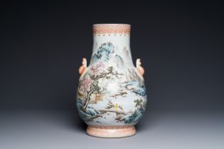 A Chinese famille rose 'hu' vase with mountainous landscape, signed Wang Xiaoting æ±ªå°äº­, dated 1