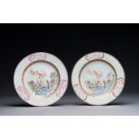 A pair of Chinese famille rose 'magpie and peony' plates with bianco-sopra-bianco rims, Yongzheng