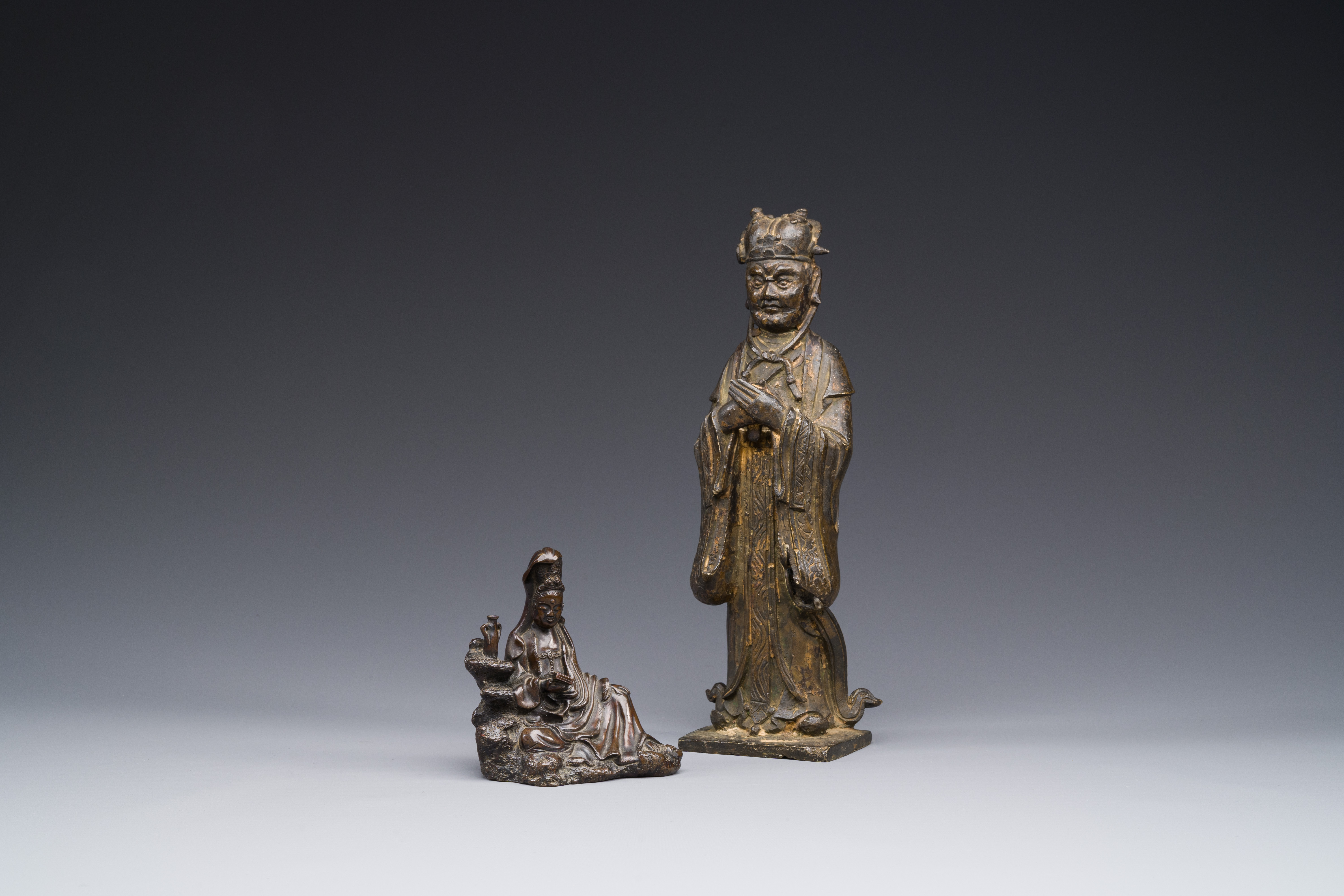 Two Chinese bronze figures of Wenchang and Guanyin, Ming