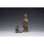 Two Chinese bronze figures of Wenchang and Guanyin, Ming