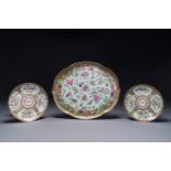 A pair of Chinese Canton famille rose monogrammed plates and a large '100 butterflies' tray, 19th C.