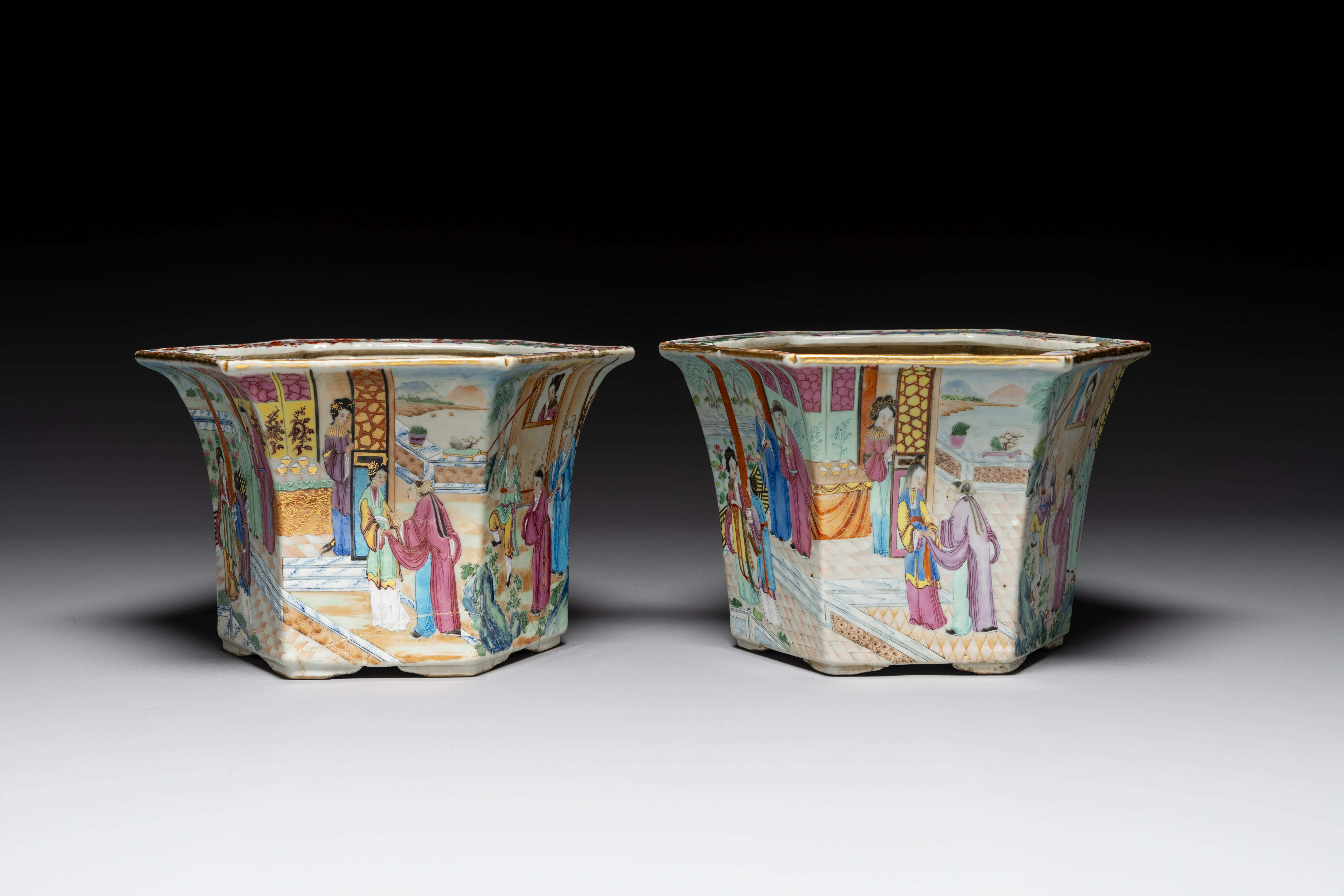 A pair of hexagonal Chinese Canton famille rose jardinieres on stands, 19th C. - Image 4 of 9