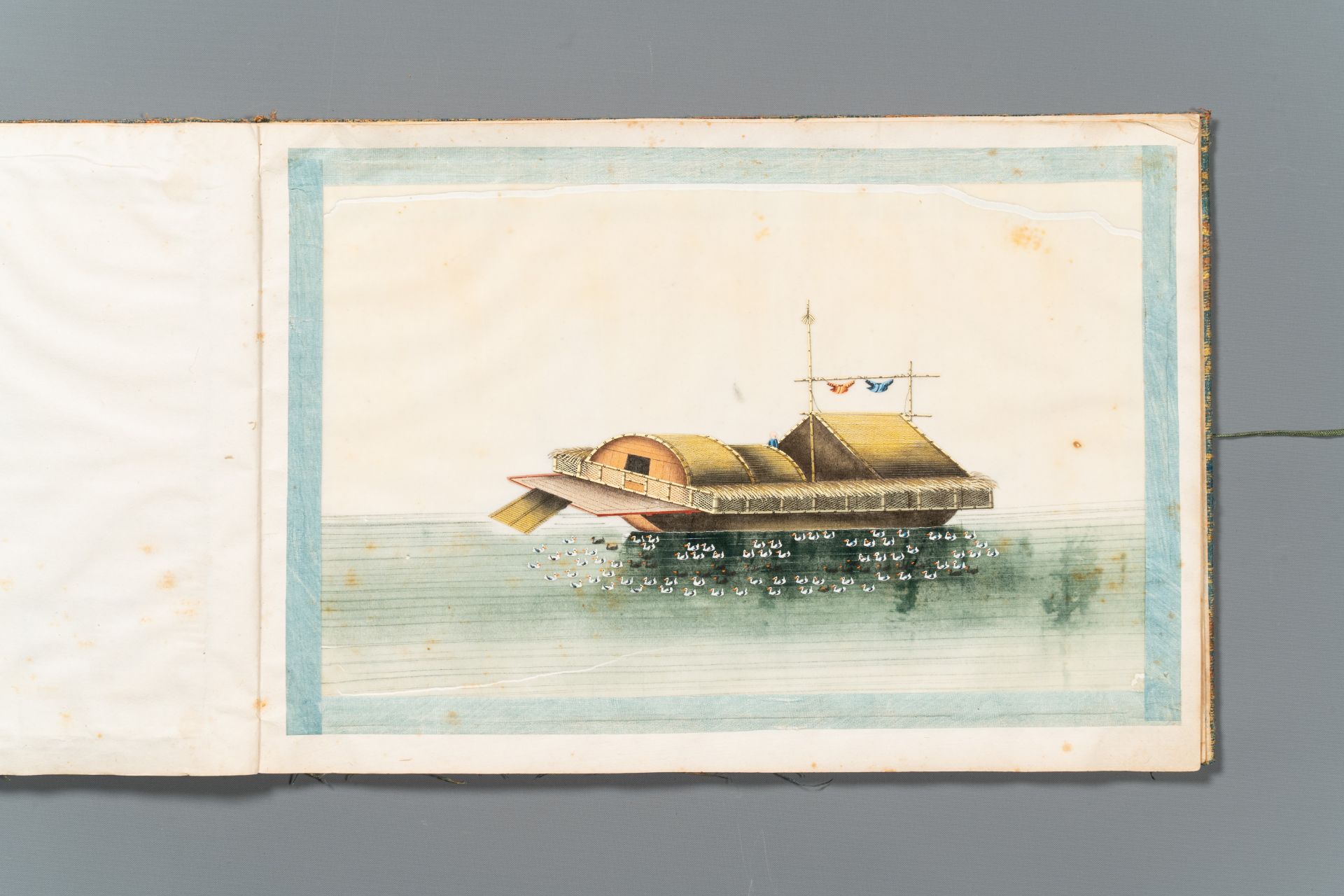 A rare album with Chinese rice paper paintings of 'Hong' views, figures and ships, Canton, Foekhing - Image 9 of 14