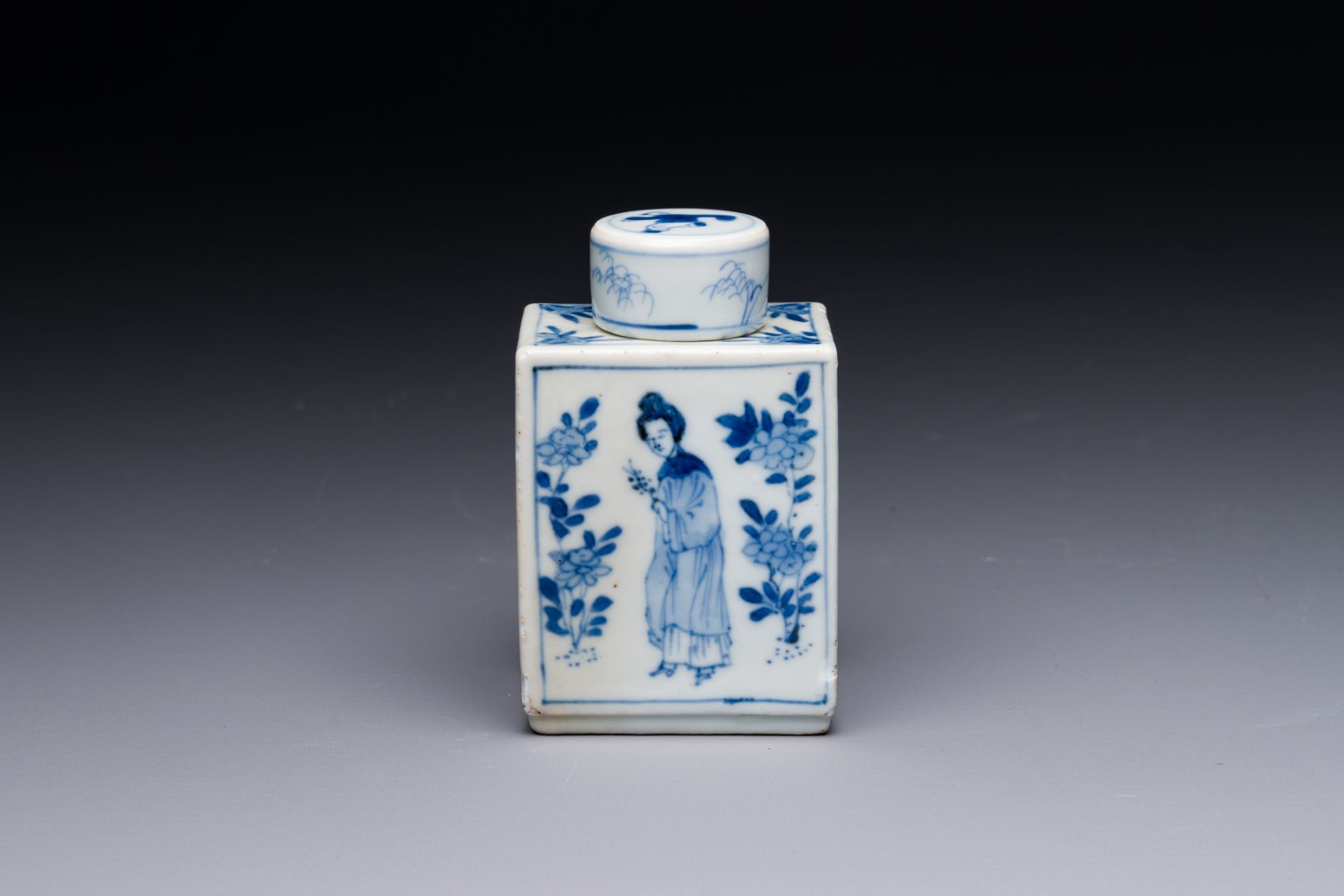 A rectangular Chinese blue and white 'Long Eliza' tea caddy and cover, Kangxi