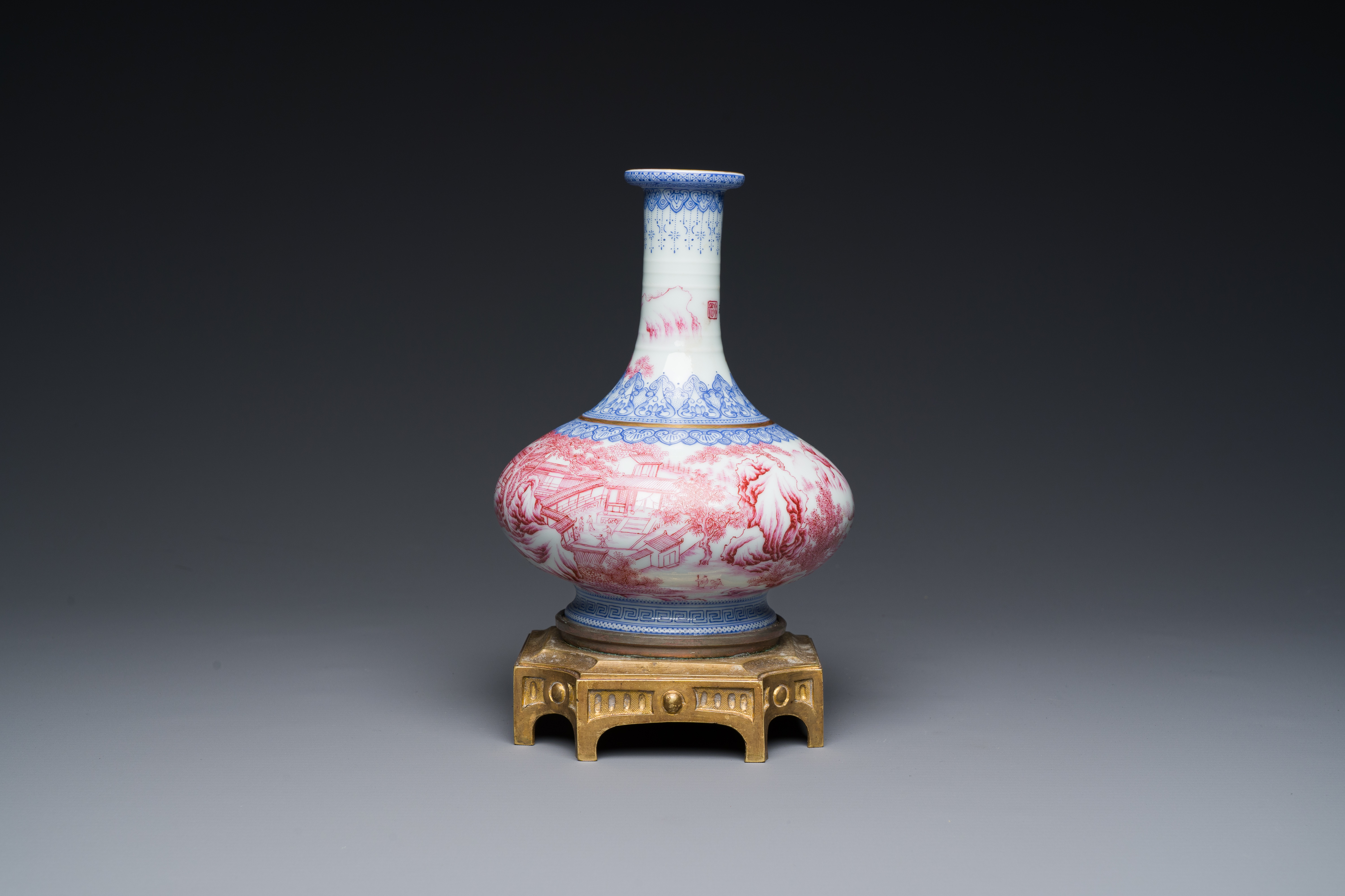 A Chinese blue-and-puce-enamelled bottle vase with a gilt bronze mount, 20th C. - Image 2 of 6