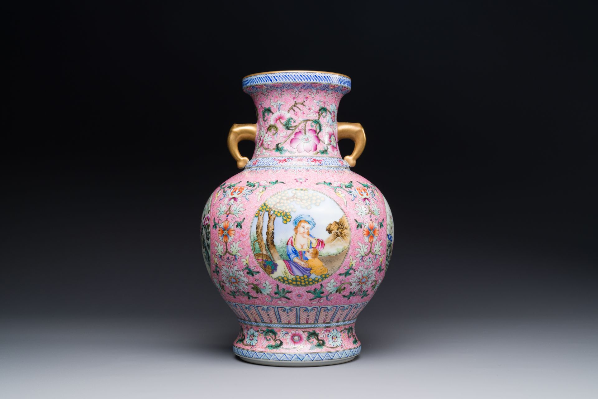 A Chinese famille rose pink-ground 'European scene' vase , 20th C. - Image 2 of 3