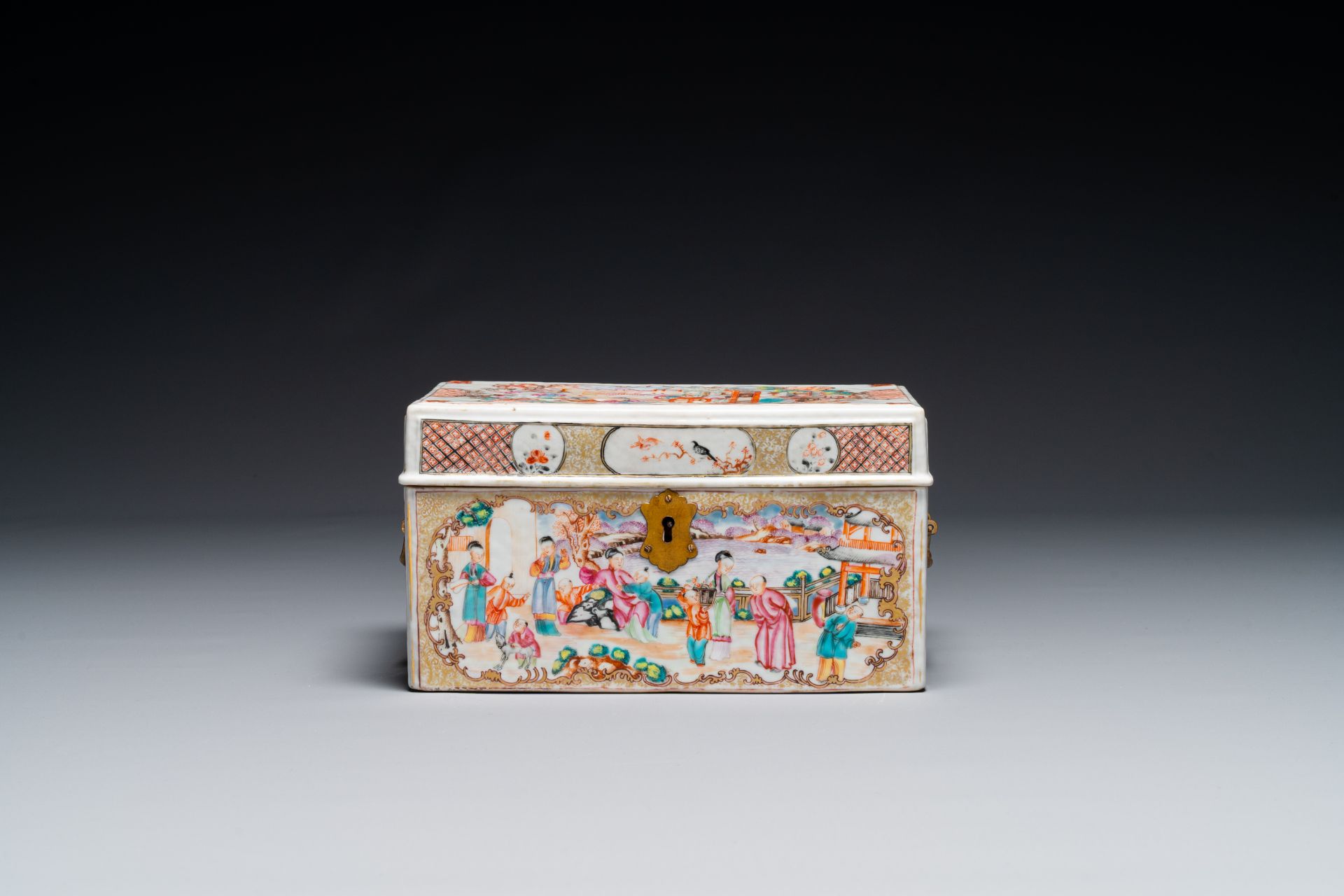 An extremely rare Chinese Canton famille rose 'mandarin subject' tea casket or chest with gilt bronz - Image 4 of 9