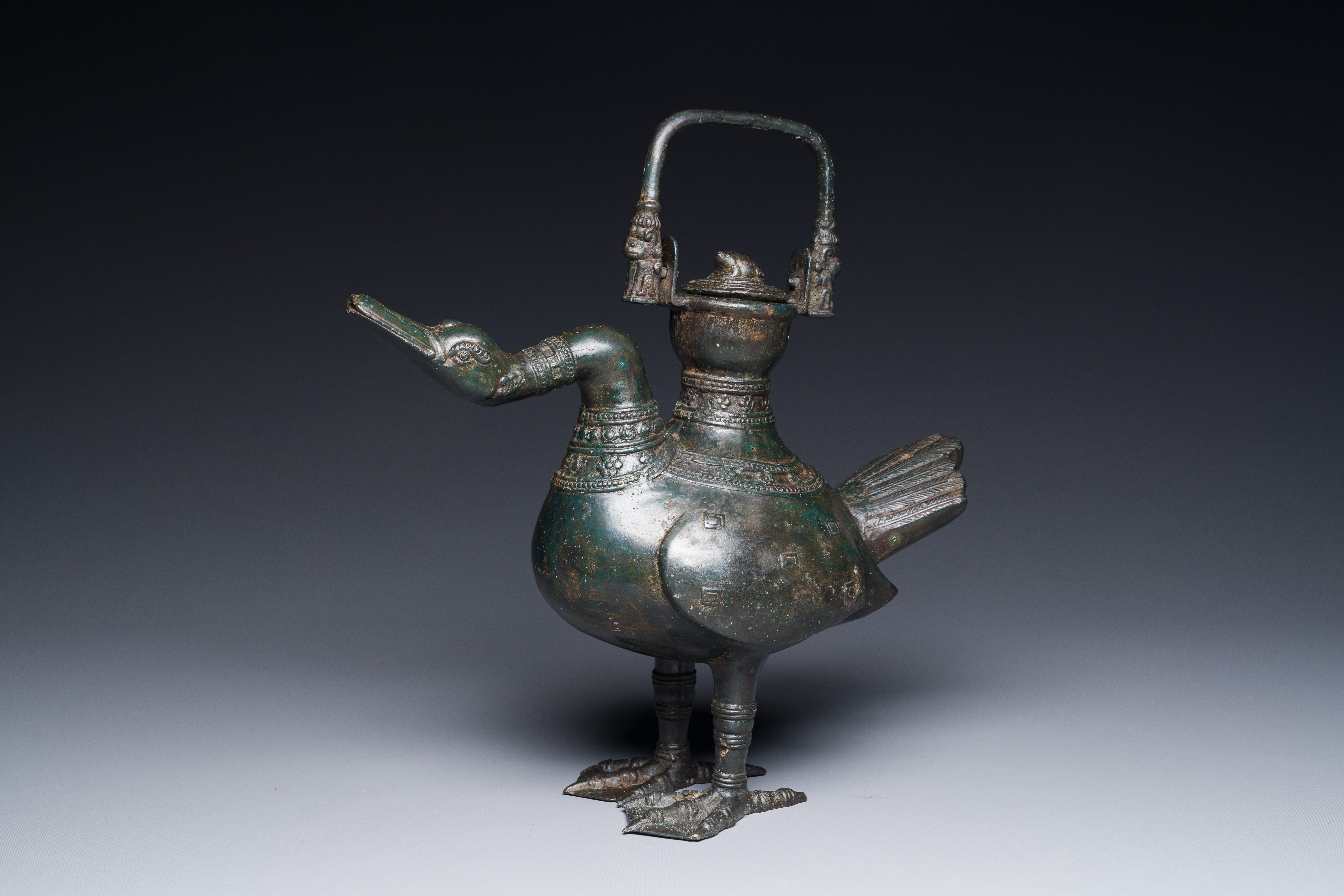 A Chinese archaistic bronze wine vessel in the form of a goose, Song