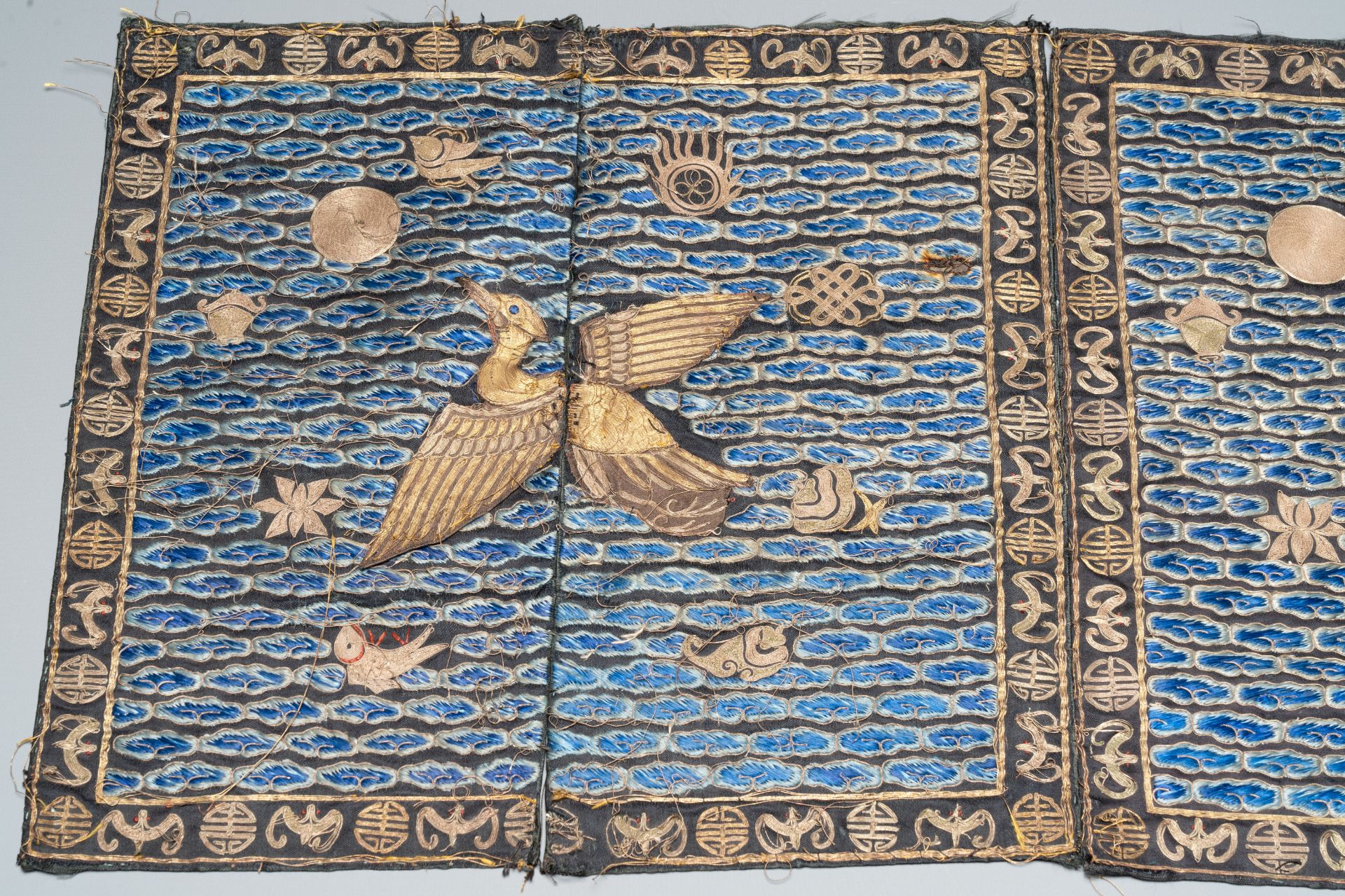 A pair of Chinese gold-thread-embroidered silk 'rank badges' with wild geese, 19th C. - Image 4 of 4