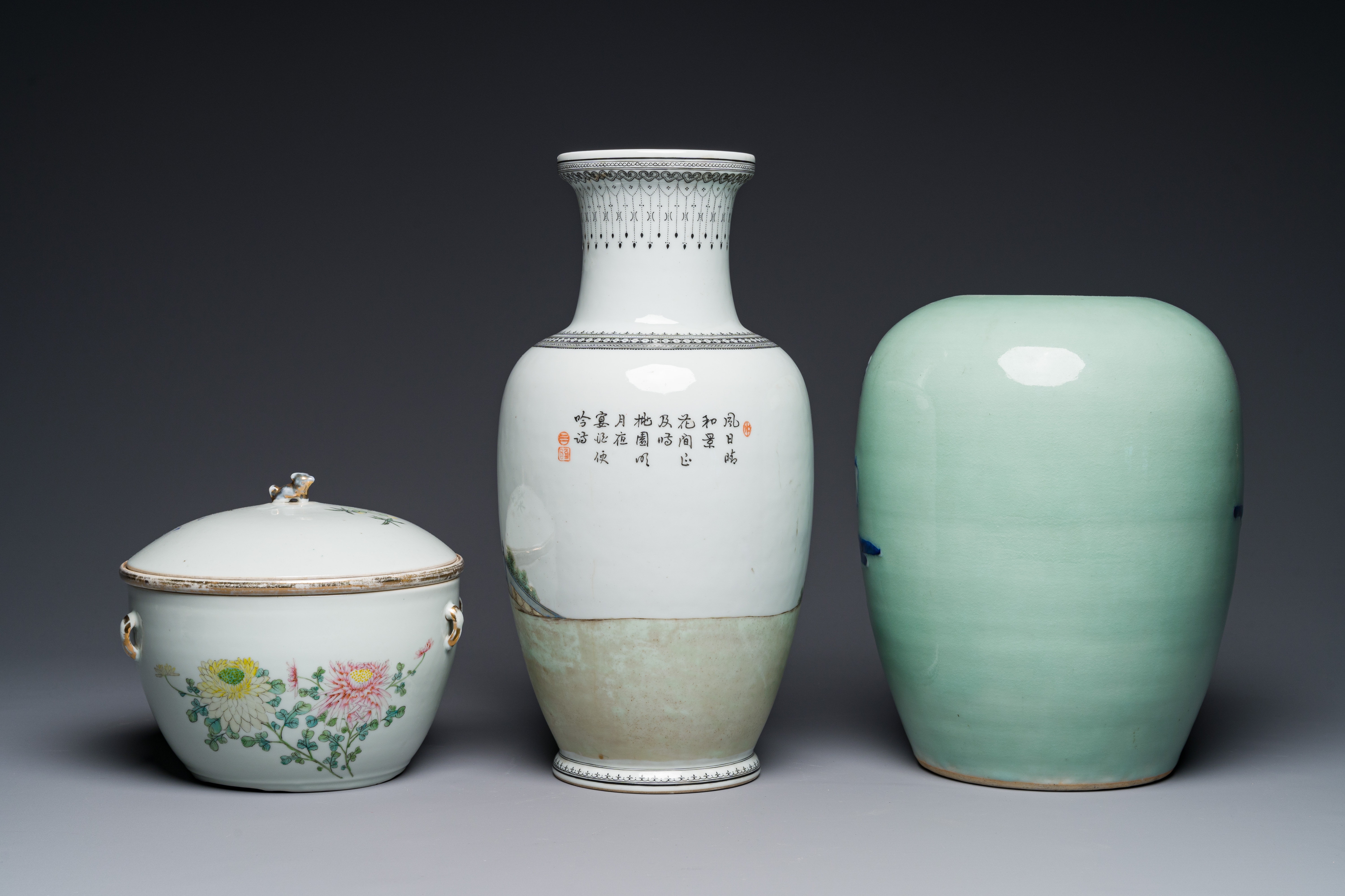 A Chinese famille rose covered bowl, a vase and a blue and white celadon-ground jar, 19/20th C. - Image 2 of 4