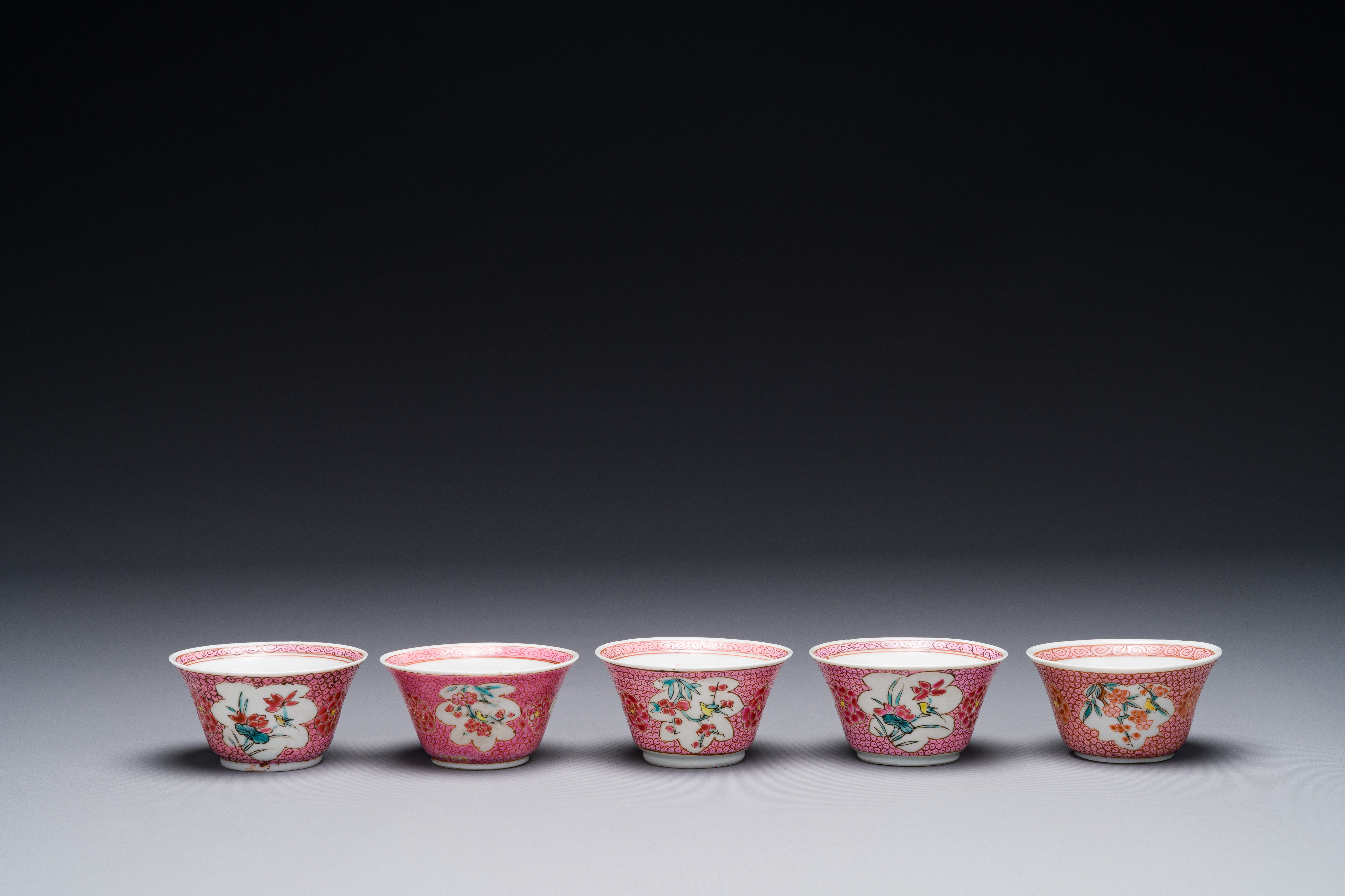 Five Chinese famille rose cups and saucers with figures, Yongzheng - Image 4 of 8